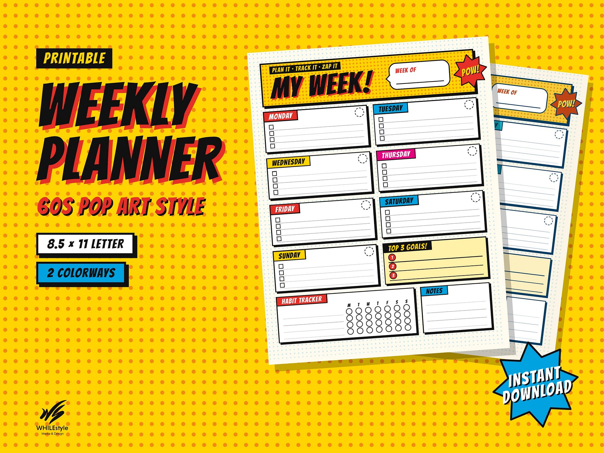 Printable Weekly Planner | Pop Art Weekly To Do List, Habit Tracker & Goals | Retro Comic Style | Letter Size PDF Instant Download product image (2)