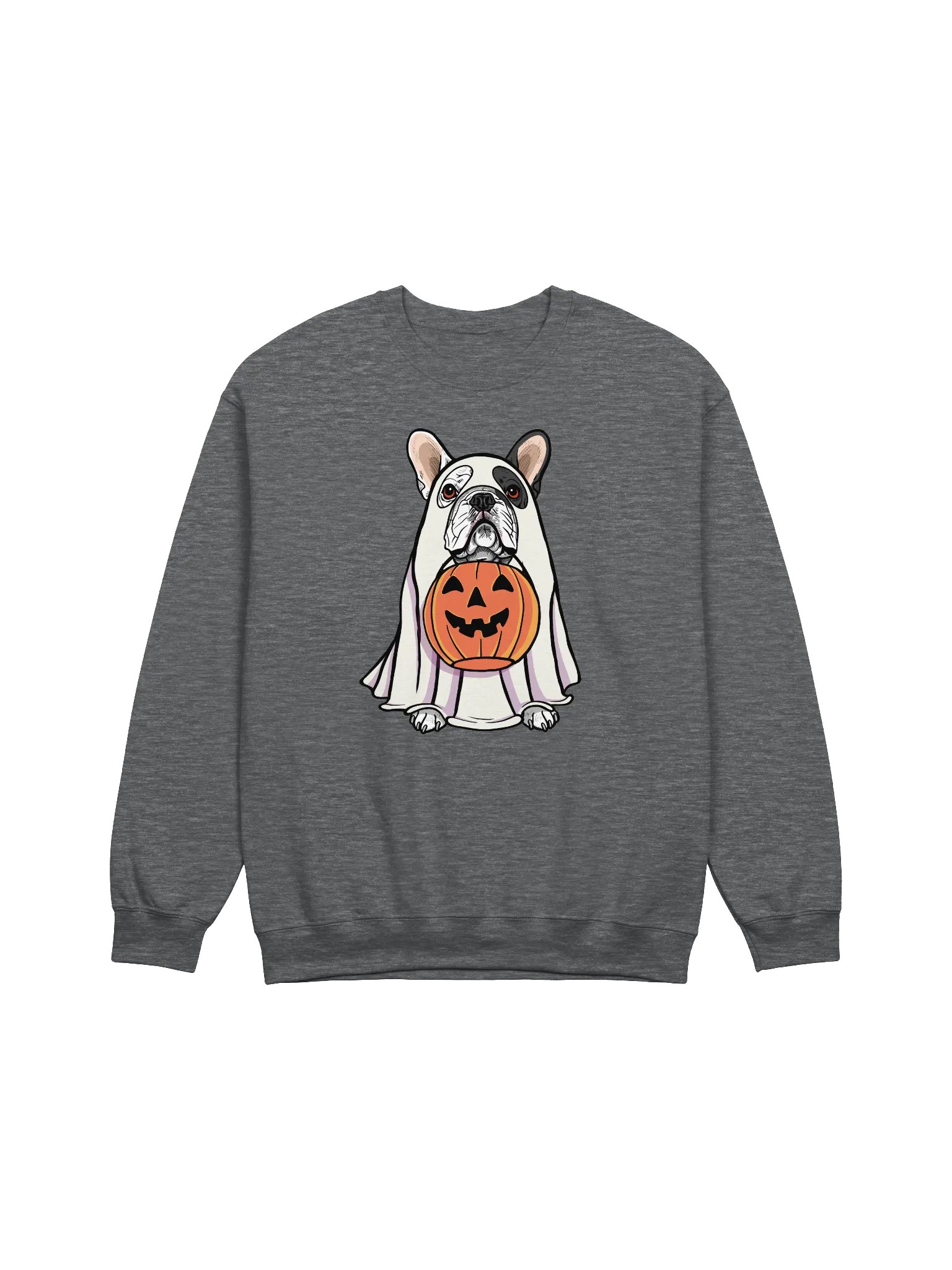 Funny Halloween French Bulldog(Pied) Sweatshirt | Funny Frenchie Wearing a Ghost Costume and Holding a Pumpkin Basket product image (1)