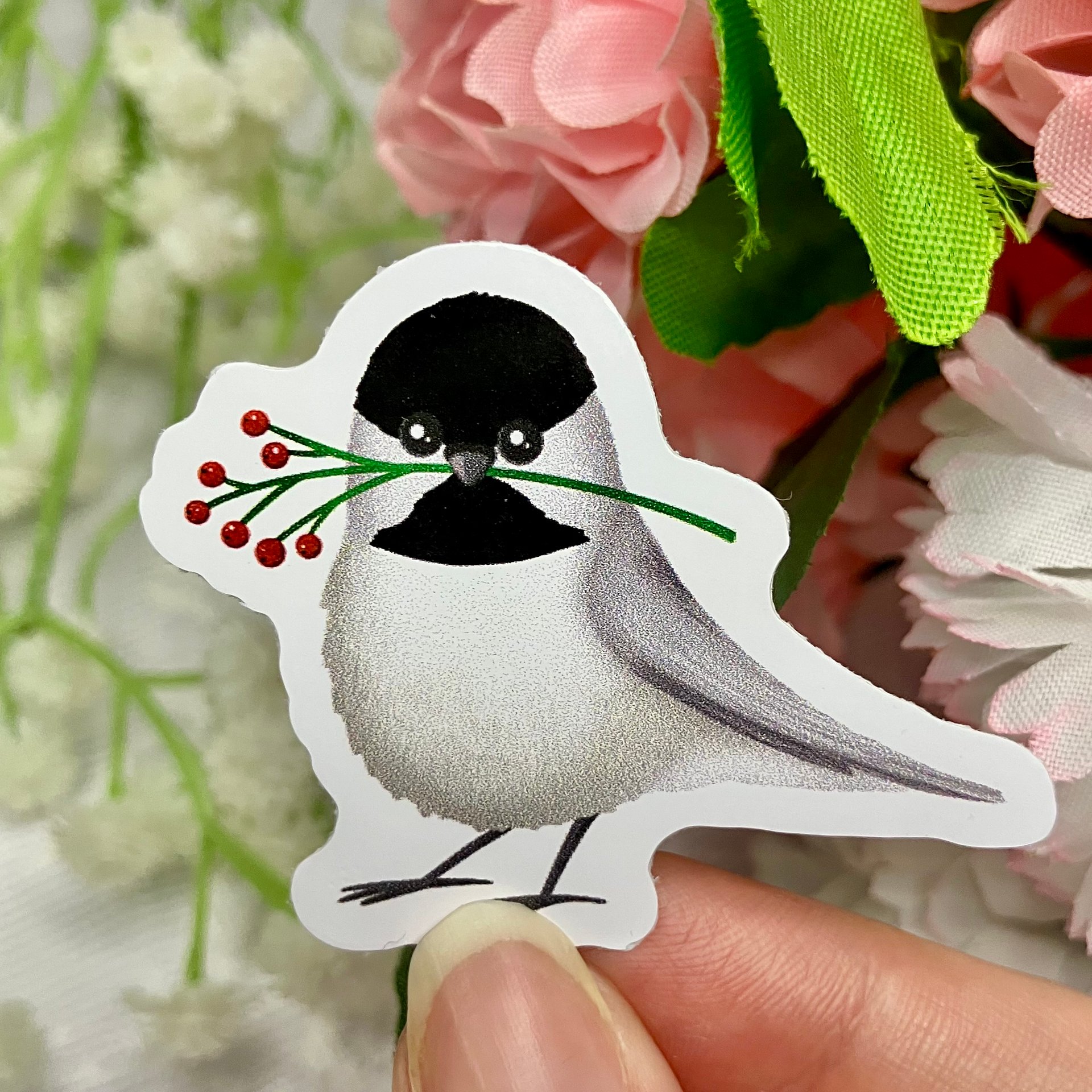 Chickadee With Red Berries Vinyl Sticker product image (3)