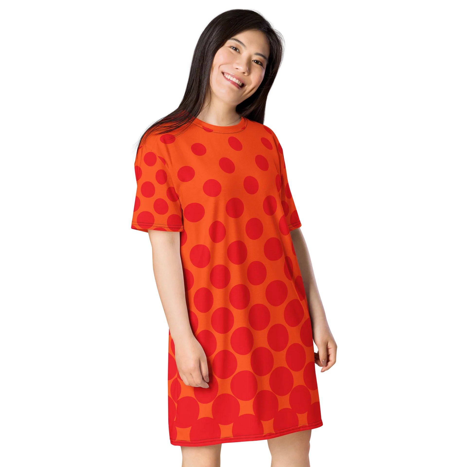 Trendy Oversized T-Shirt Dress with Exclusive Orange Polka Dot Design - TDSMUSIC.com product image (4)