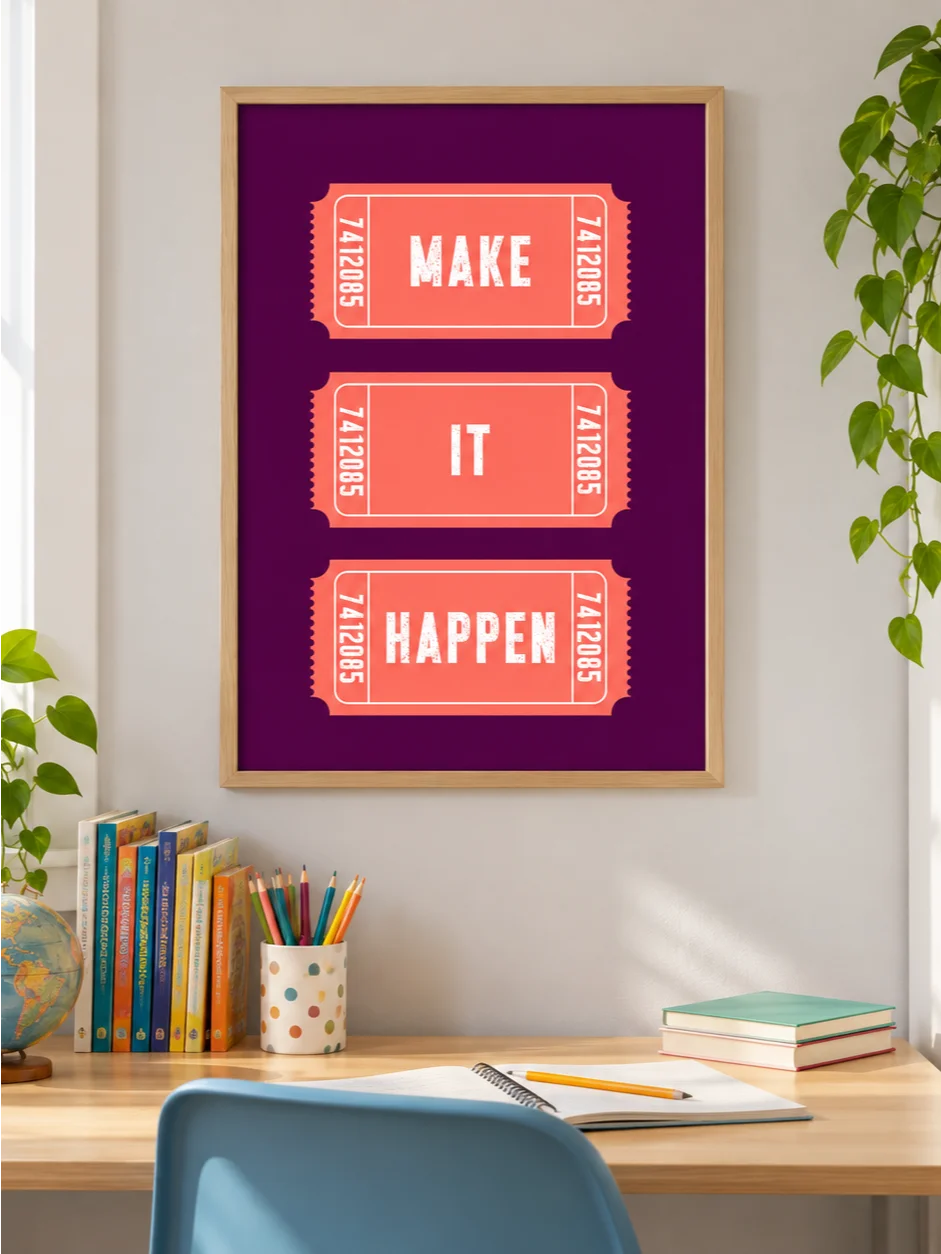 Make It Happen Motivational Poster, Retro Ticket Design, Purple Coral Typography Wall Art, Distressed Lettering, Printable Inspirational Art product image (6)
