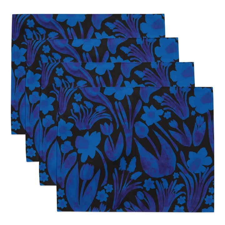 Spring Garden Floral Placemats – Royal Blue on Black, Set of 4 | MONIQUE FAELLA DESIGNS™ product image (1)