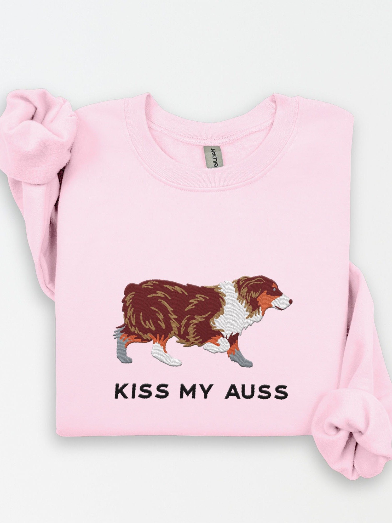 Kiss My Auss Sweatshirt (Embroidered) of an Australian Shepherd(Red Tricolor) product image (1)