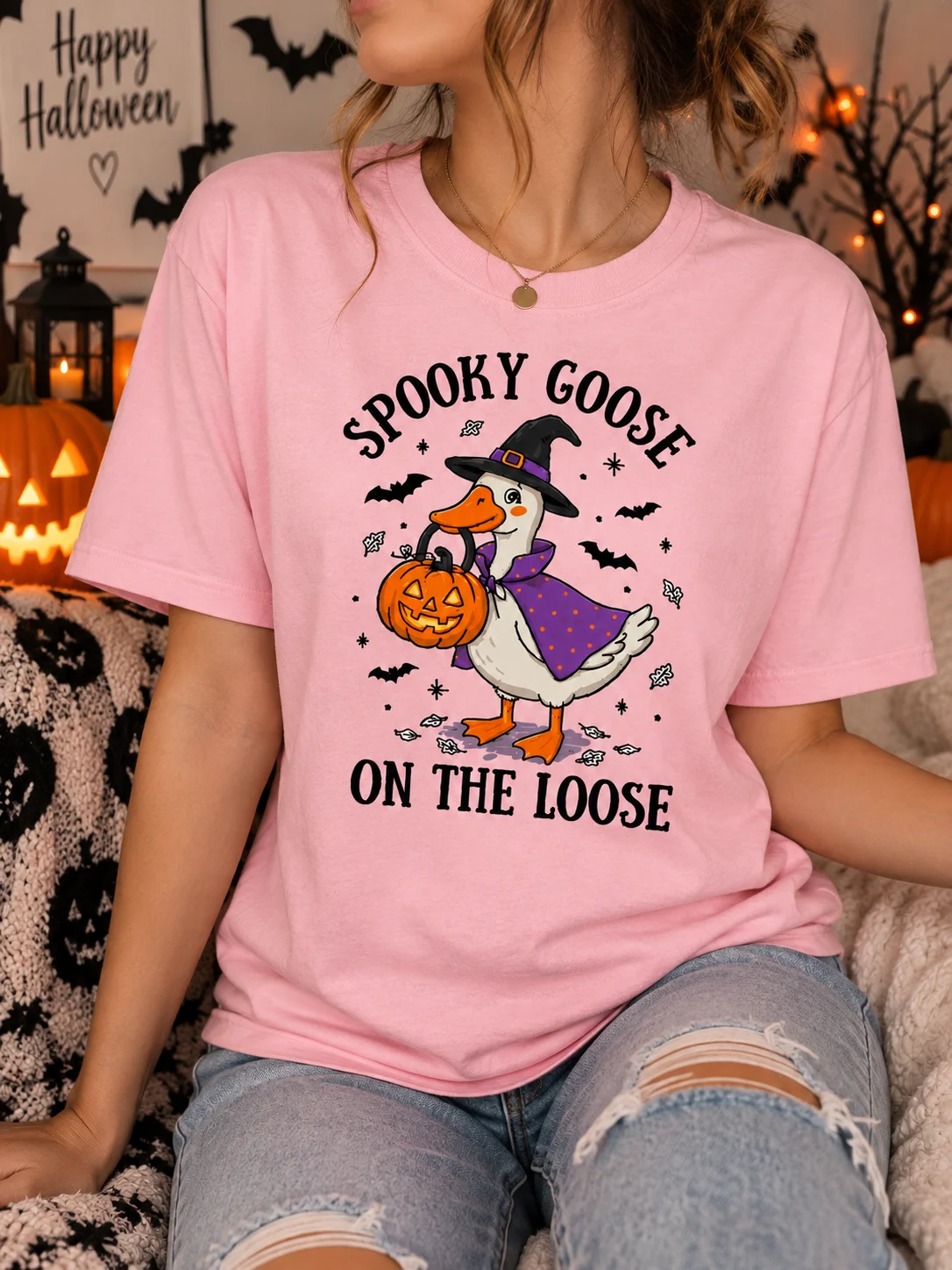 Spooky Goose Halloween Shirt, Cute Witch Goose Pumpkin Tee product image (1)