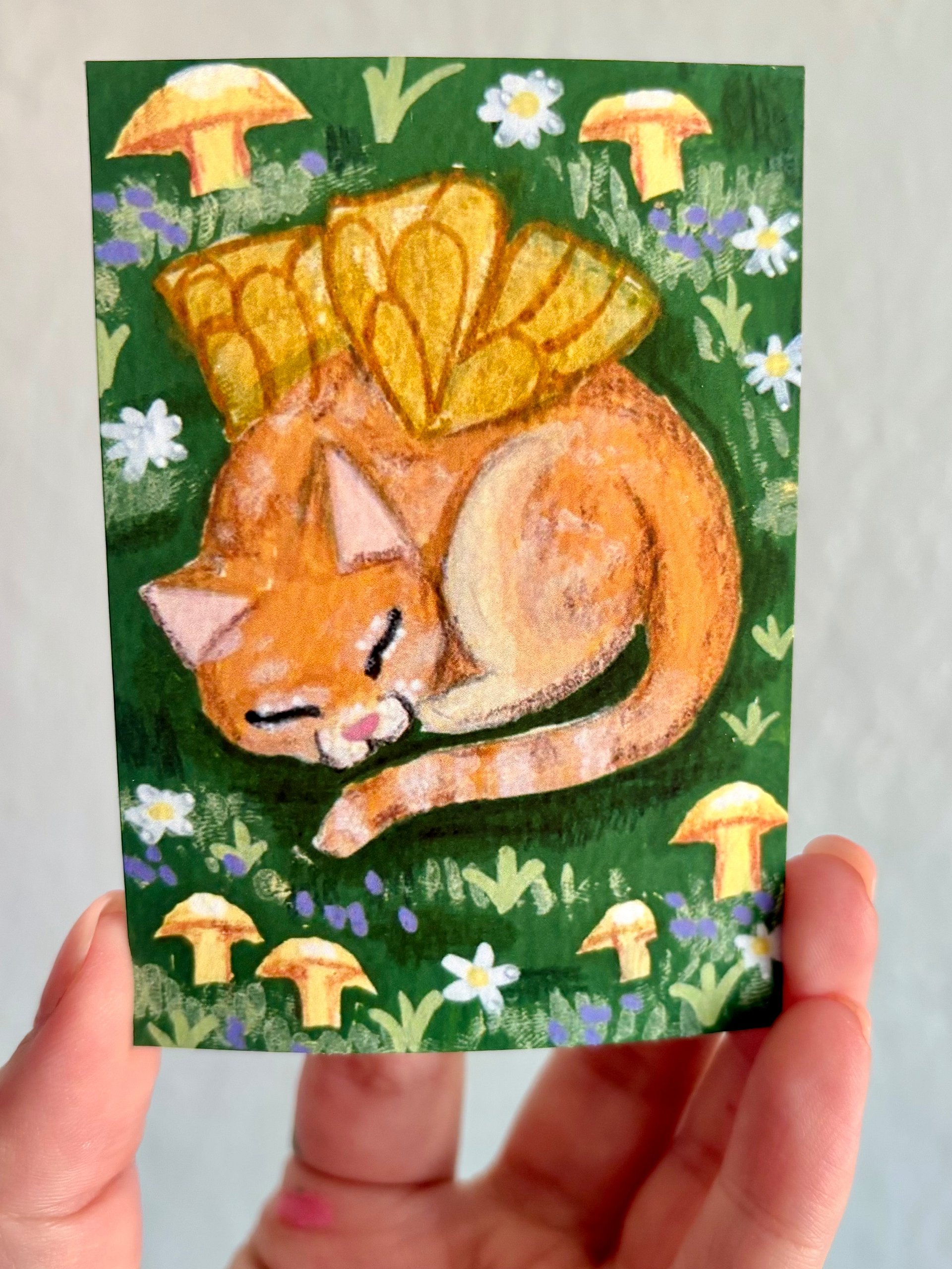 Art Card Print - Sleepy Orange Cat with Mushrooms ACEO product image (1)