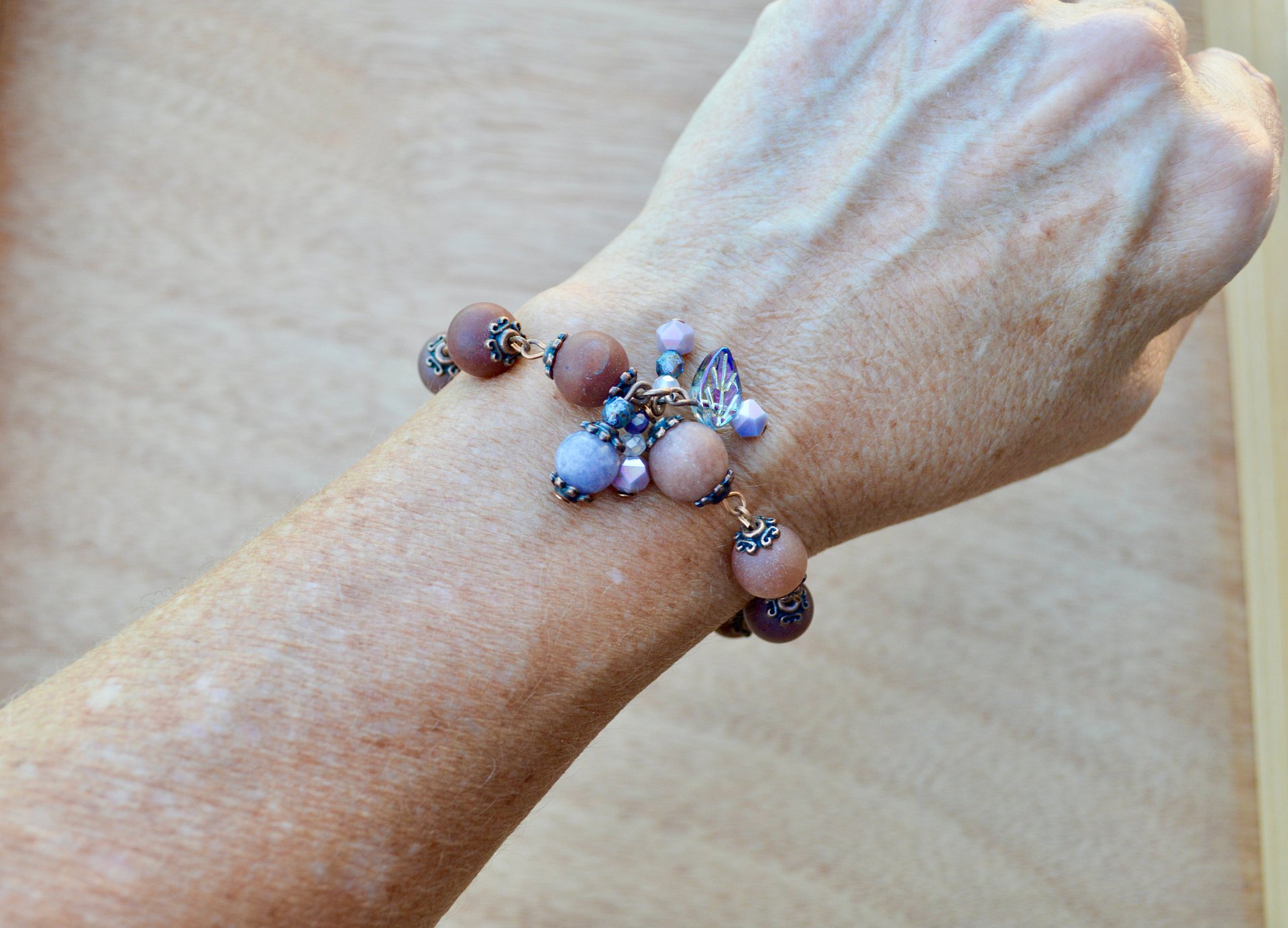 Matte Earthy Brown Agate Gemstone Beaded Bracelet With Purple Crystals product image (4)