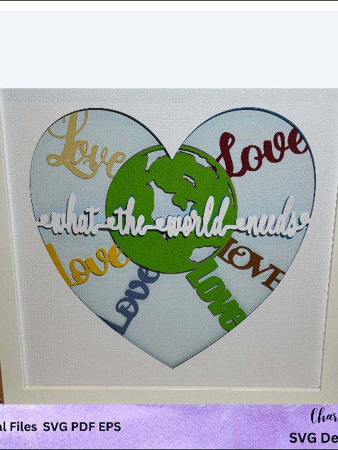 3D SVG 'What The World Needs' Heart-Shaped Earth Embraced by Love Layered Shadow Box Design product image (3)
