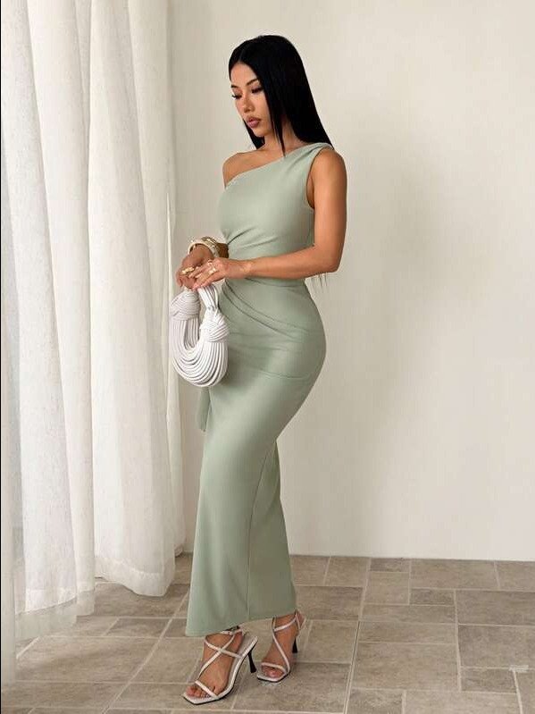 PETITE Spring & Summer Bridesmaid Dress, Party Oblique Shoulder Twist Knot Strapless Sexy Pleated High Slit Ruffle Wrap Long Dress, Elegant Ruffle Oblique Shoulder Dress In Green Sage Color product image (5)