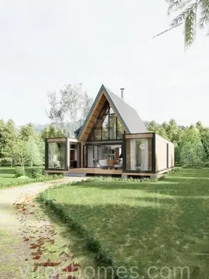 A shipping container meets an A Frame house with 3 bedrooms, a private office and open space living ! #vironhomes #aframe #housedesign #floorplans #blueprints 