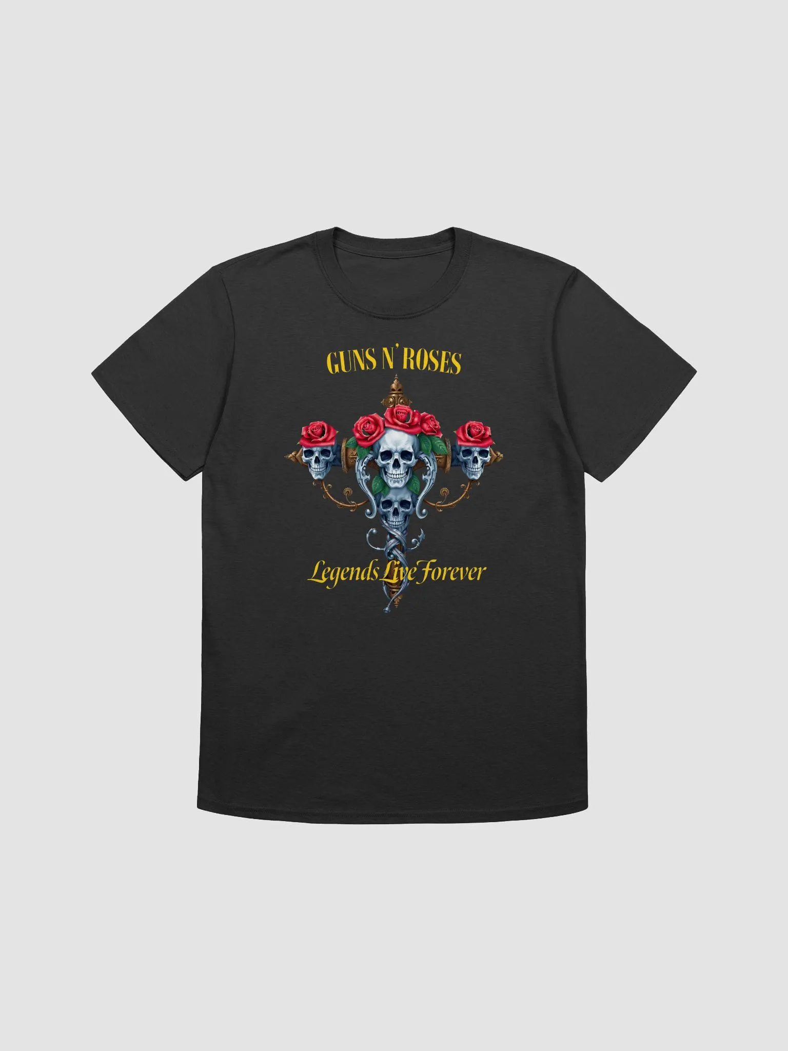 Guns N’ Roses Legends Live Forever T-Shirt | Triple Skull & Roses Heritage Rock Graphic Tee | Classic Hard Rock Streetwear product image (1)