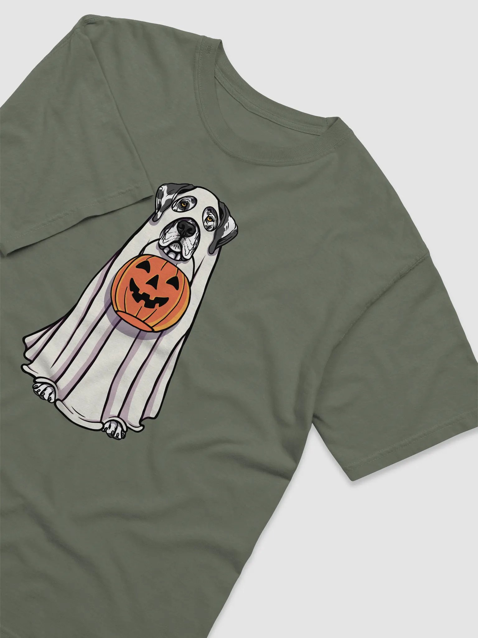 Funny Halloween Great Dane(Harlequin) T-Shirt | Funny Great Dane Wearing a Ghost Costume and Holding a Pumpkin Basket product image (6)