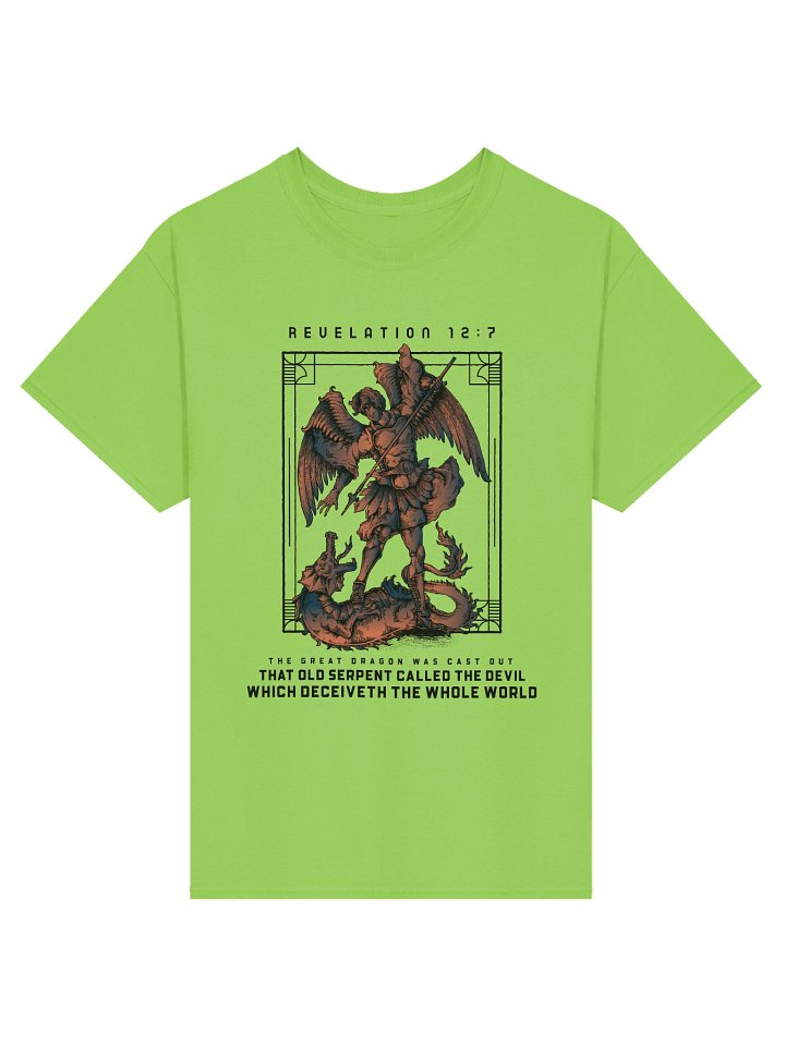 Epic Revelation 12:7 Christian T-Shirt – Archangel Michael Slaying the Dragon in Vintage Ancient Bible Art Style Tee product image (1)