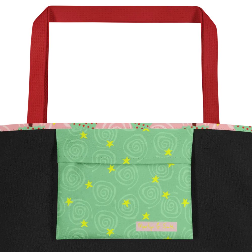 Green Christmas Trees on Christmas Pink with Swirls – Large Tote Bag product image (2)