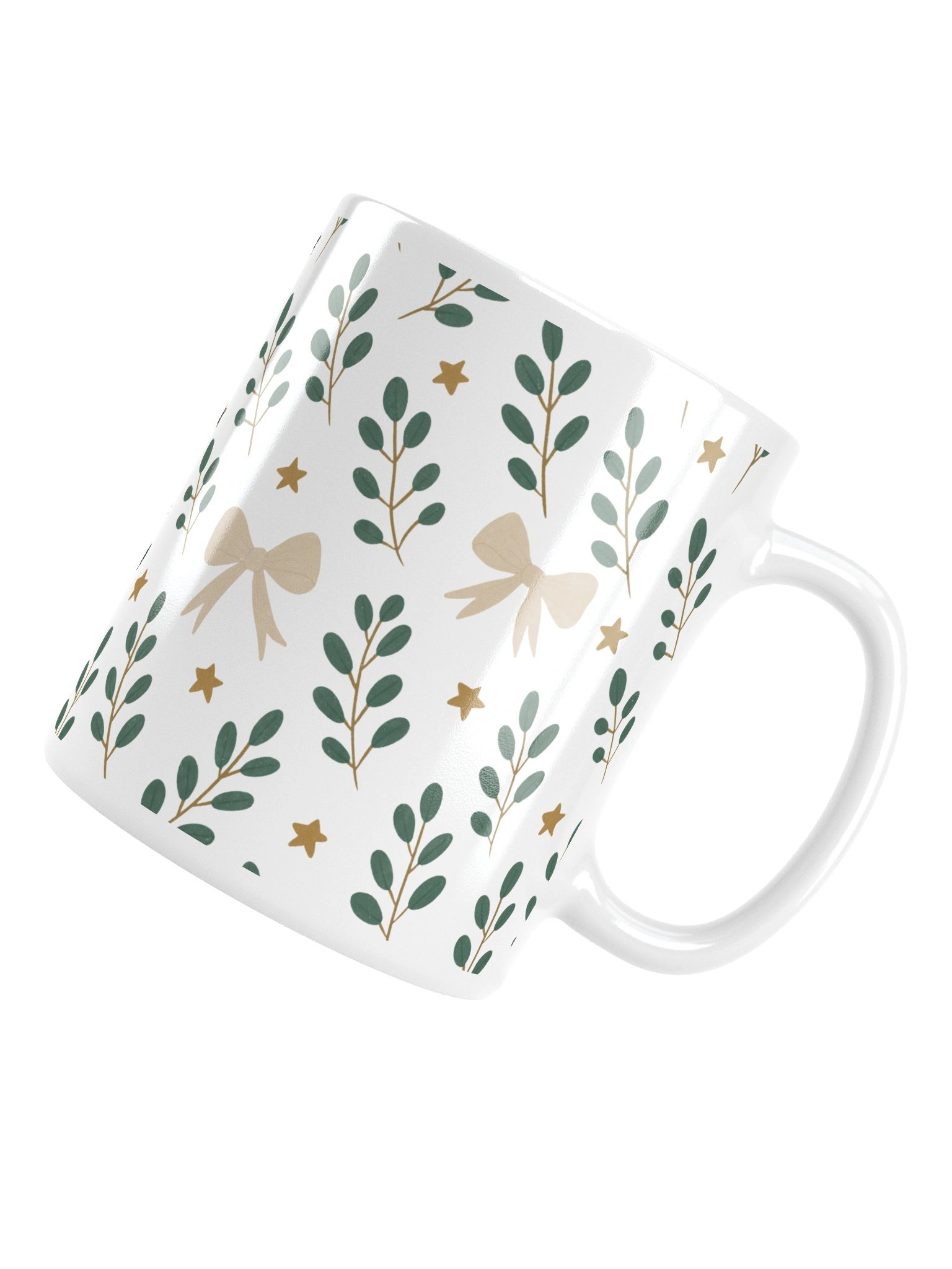 White glossy mug ribbons & stars botanical Christmas. Elegant botanical holiday mug product image (14)