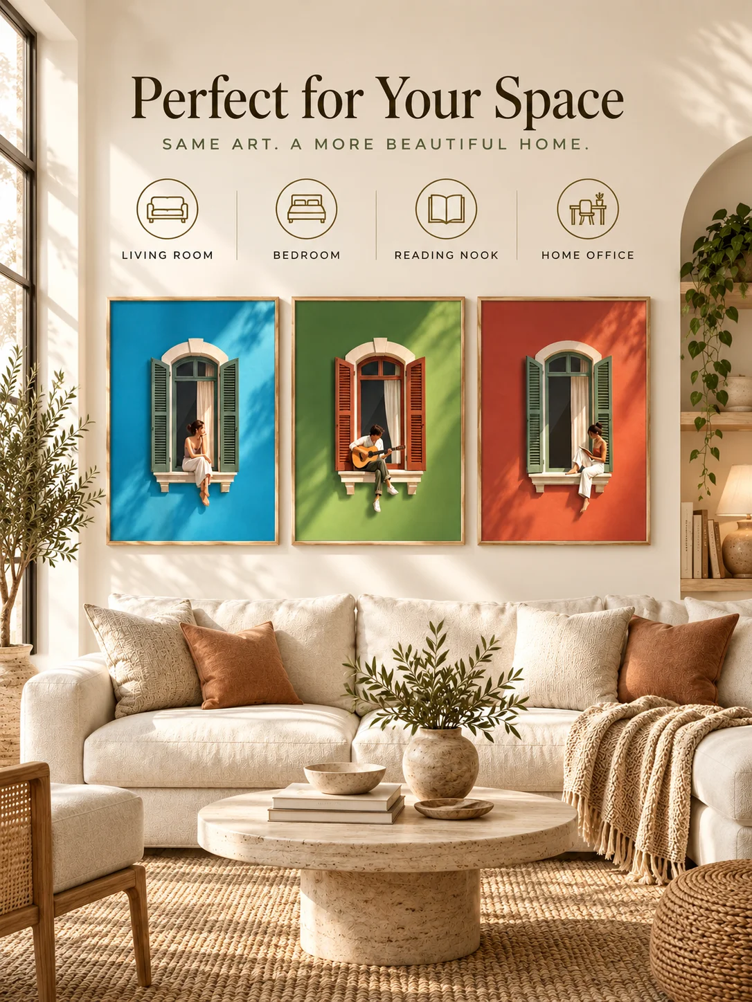 Mediterranean Window Wall Art Set of 3, Colorful Figurative Prints, Italian Coastal Decor, Sunlit Woman Guitar Printable product image (10)