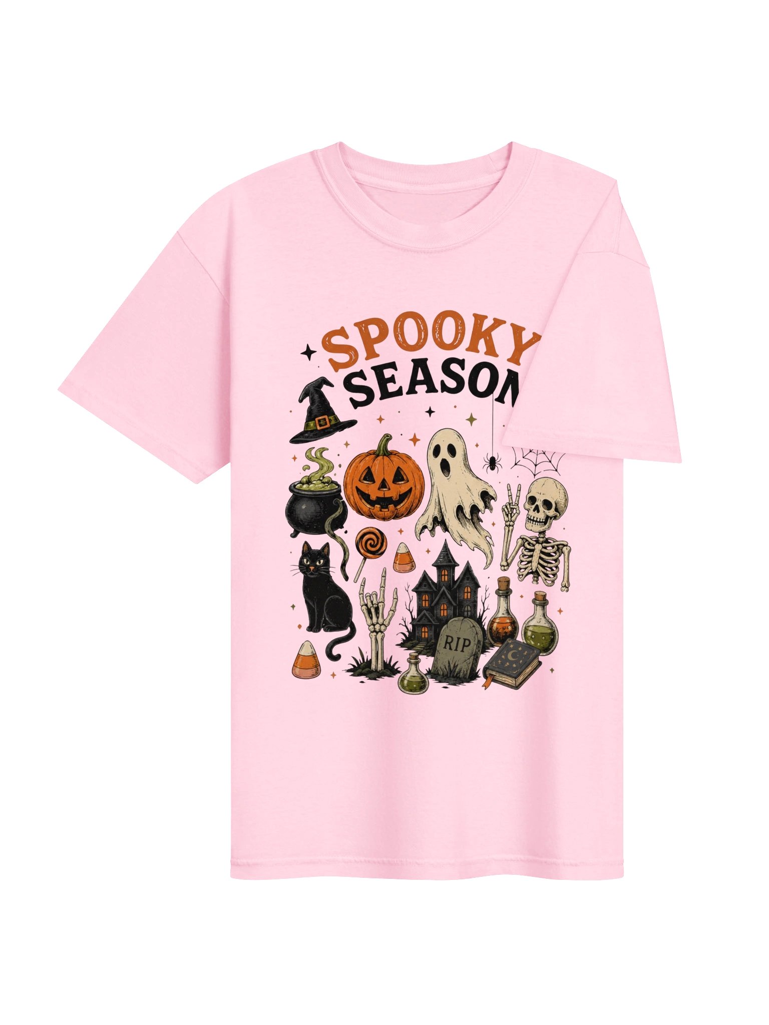 Spooky Season Pastel Halloween Graphic Tee - Cute Ghost, Pumpkin & Cat Shirt product image (26)