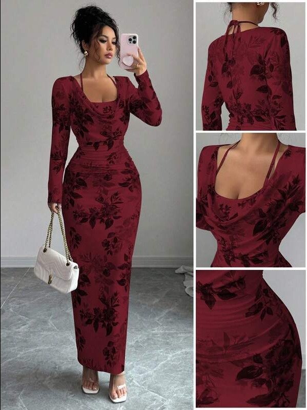 ADLEST Elenzga Floral Print Bodycon Mini Dress | Draped Neck, Ruffle Tie Waist, Elegant Autumn/Winter Style product image (2)