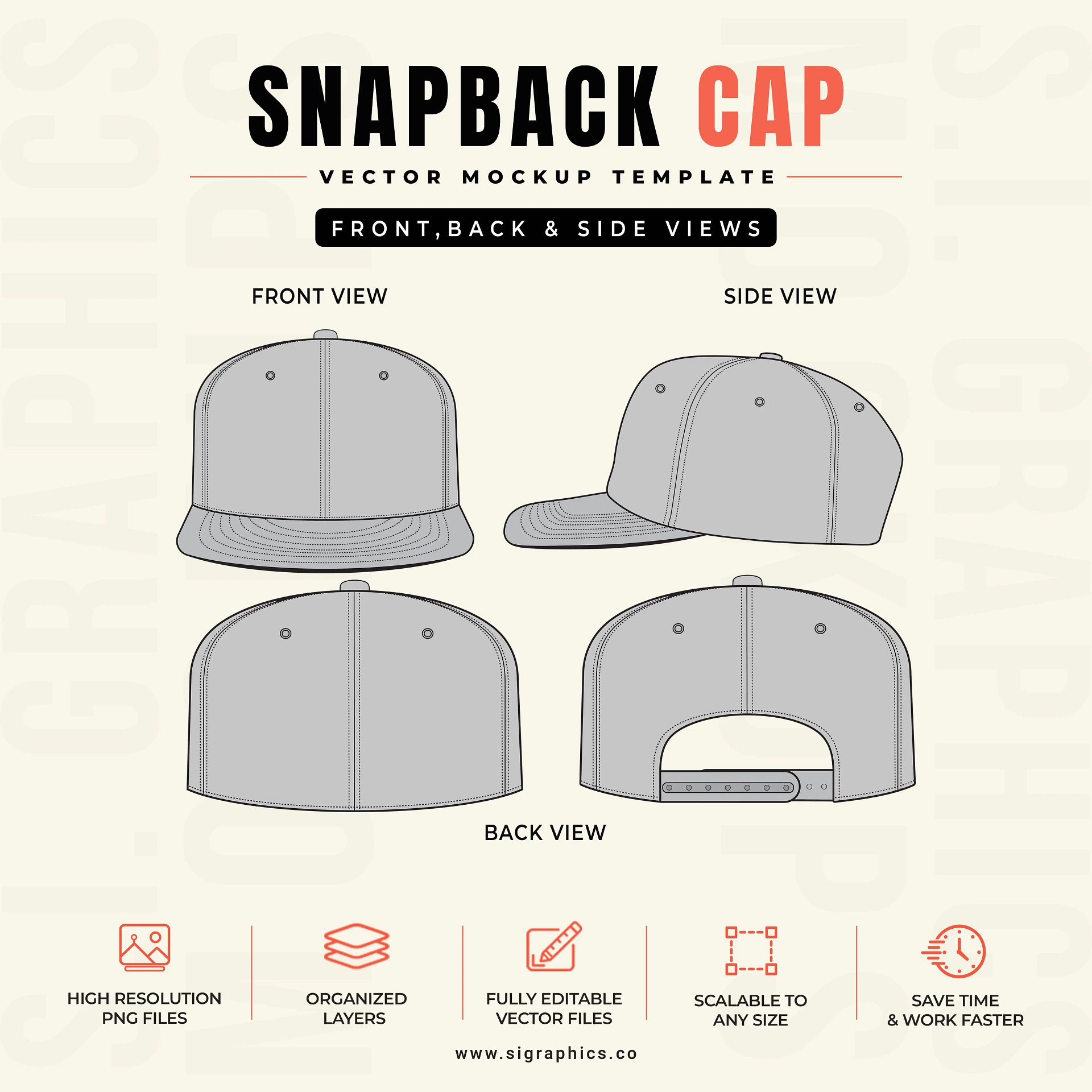 Snapback Cap Vector Mockup Template – Front, Back & Side Flats product image (2)