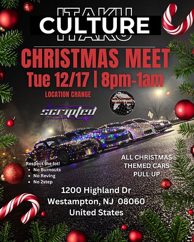 Location Change for Tuesdays Christmas Meet. Sorry for the confusion weather app be lying to us. we still outside tmr. Rain o...