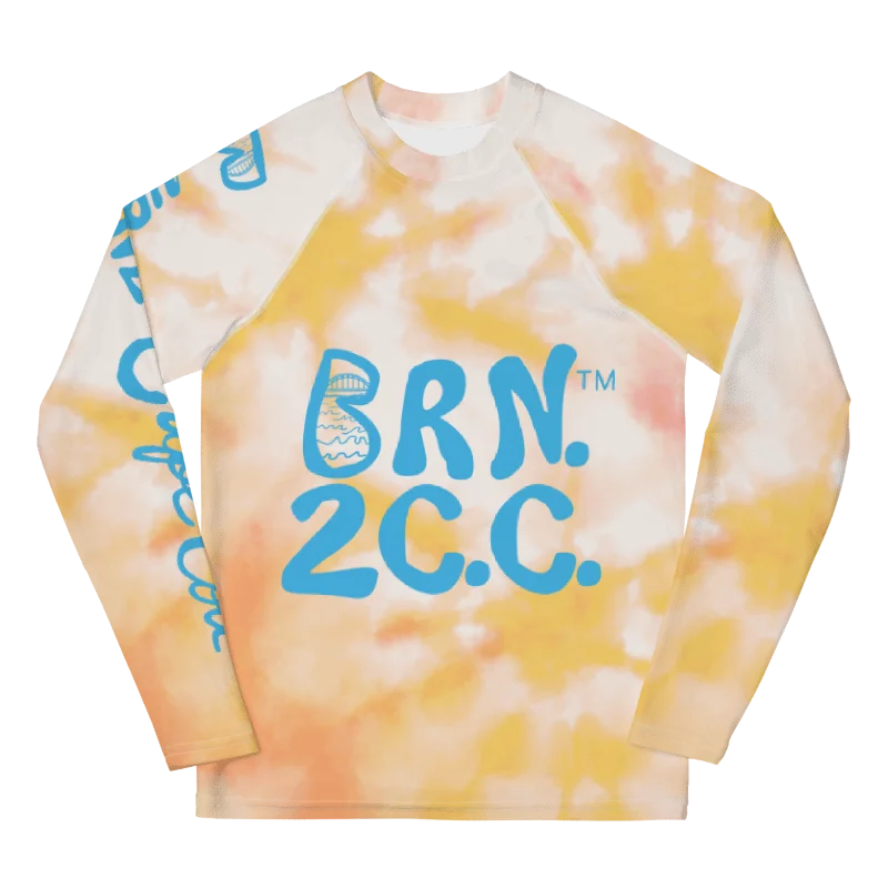 YOUTH | Rash Guard | BRN.2C.C.™ Front Graphic | BOURNE to Cape Cod™ Sleeve & Back Logo | Coastal Swim Shirt for Kids | UV Protection Activewear | Blue Logo on Orange Tie-Dye product image (8)