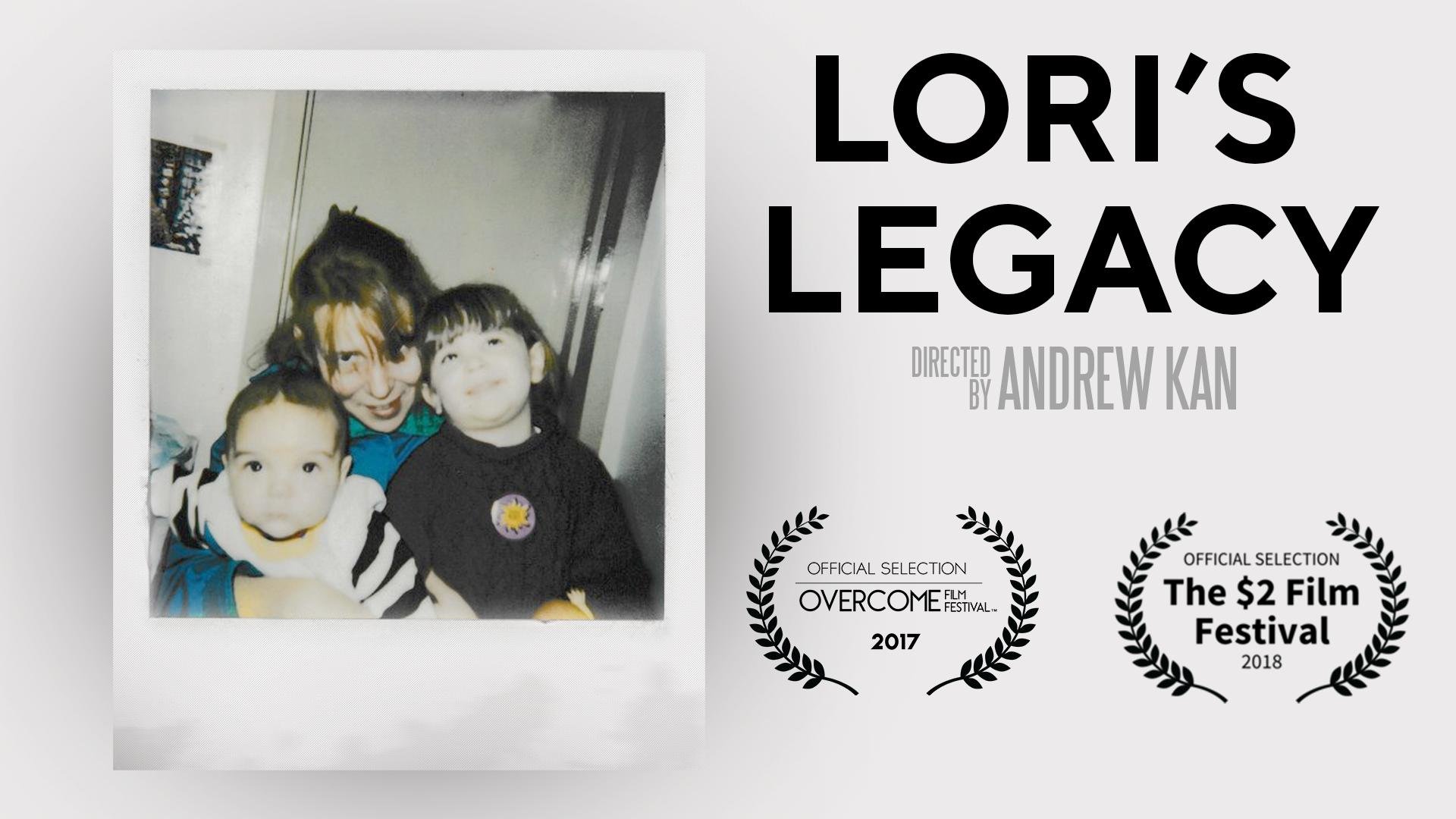 Title card for Lori's Legacy, a short film directed by Andrew Kan, showing a Polaroid photograph of his mother holding two young children.