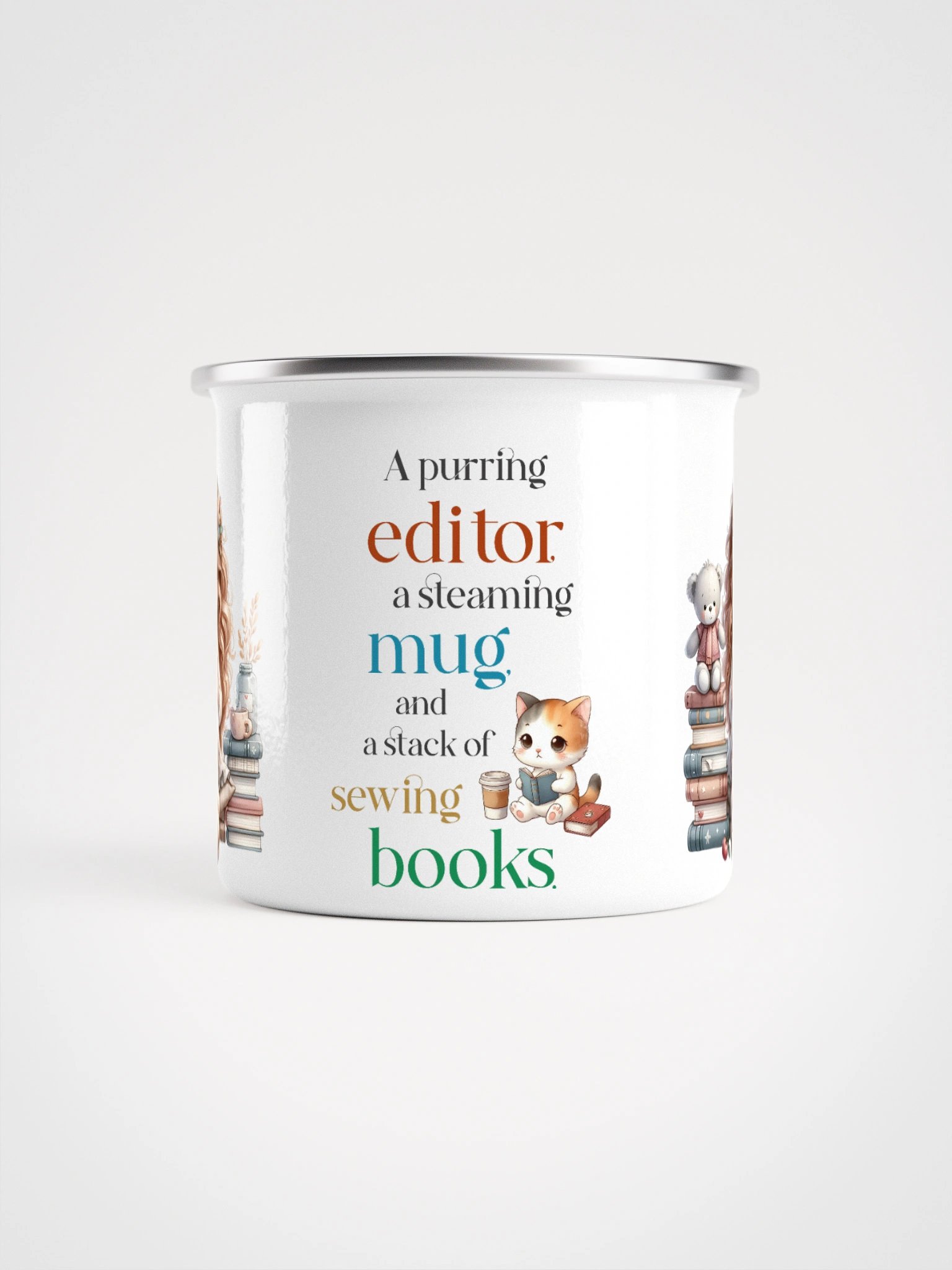 “A Purring Editor” Enamel Mug – Cute Cat, Coffee & Sewing Book Quote Gift product image (2)