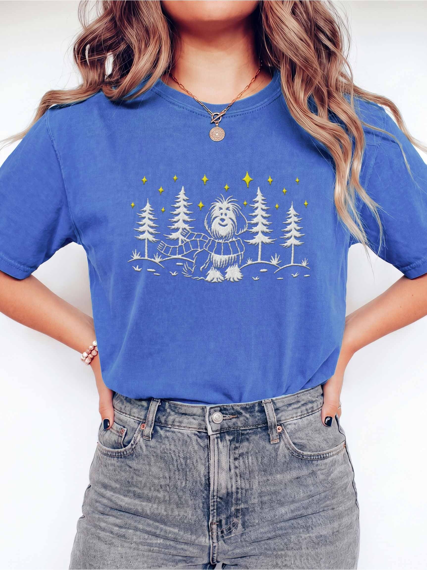 Old English Sheepdog Winter/Christmas Line Art Design Embroidered T-Shirt product image (2)