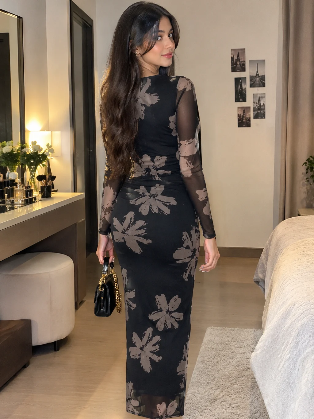 ADLEST Women's Fashion Elegant Floral Print Slim Fit Bodycon Split Hem Dress For Date, Daily, Office, Spring And Autumn product image (2)