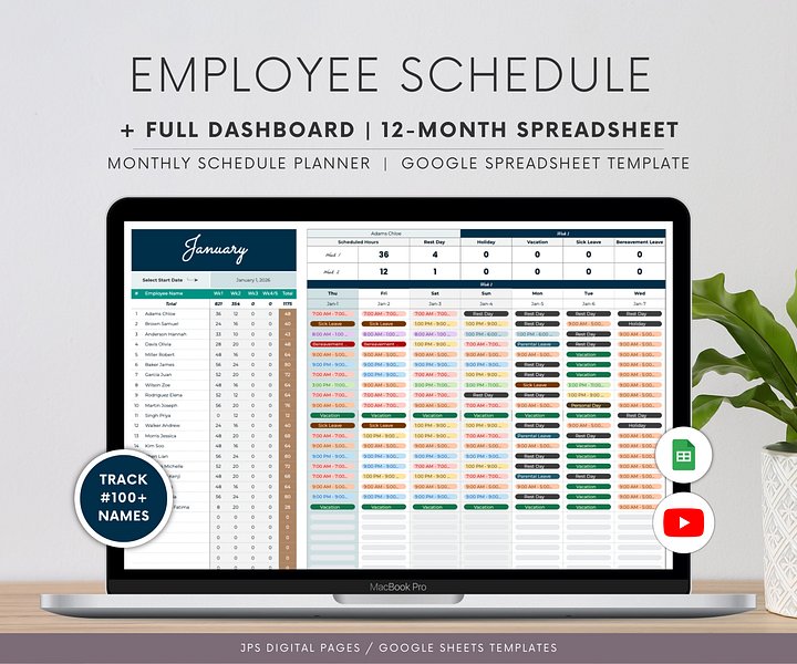 Employee Schedule Template & Dashboard Spreadsheet, Google Sheets Template, Employee Monthly Work Shift Schedule, 2024/2025 Updated Version product image (1)