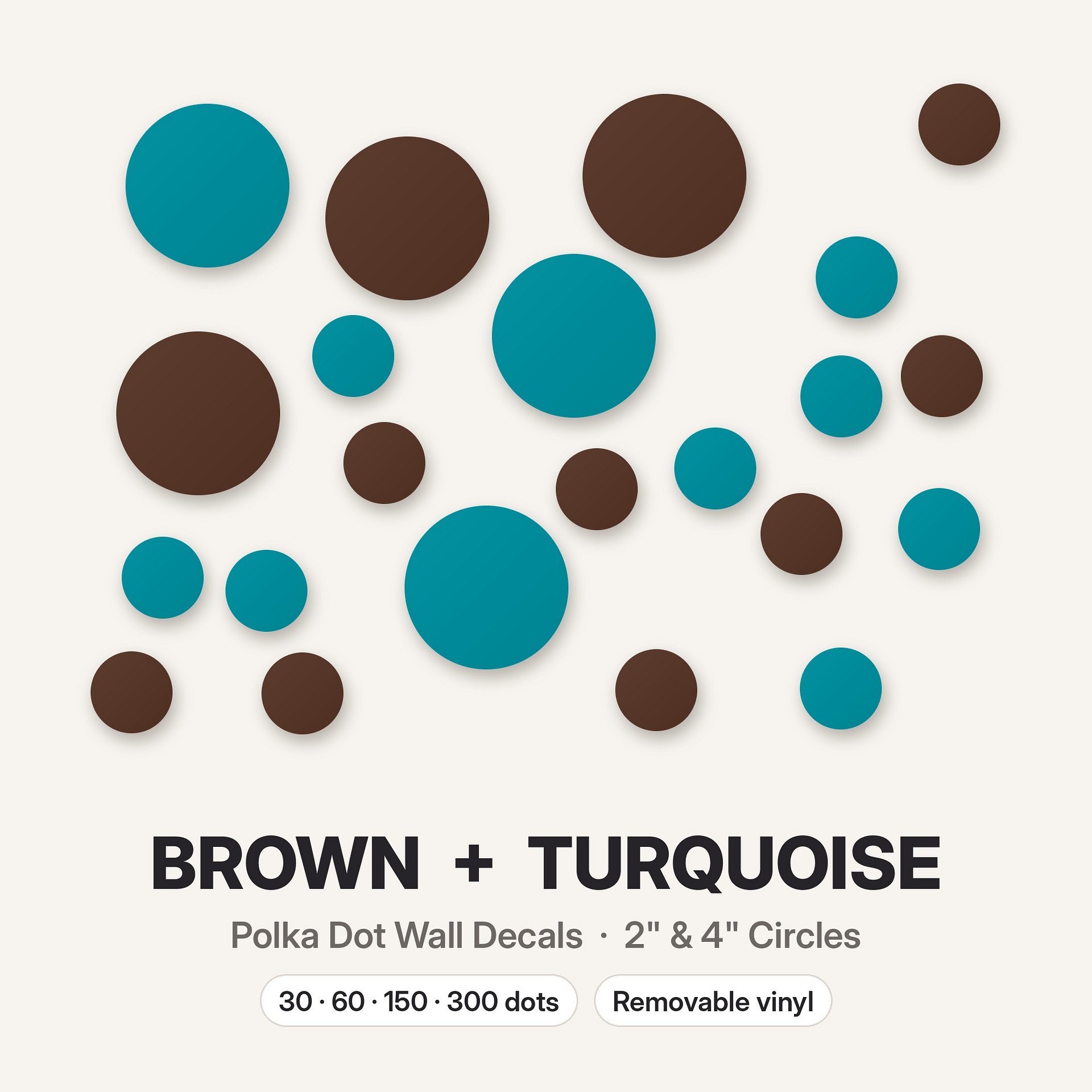 Brown and Turquoise Polka Dot Wall Decals, 2" and 4" Vinyl Circle Stickers, Removable Dot Decals for Nursery, Kids Room, Playroom product image (3)