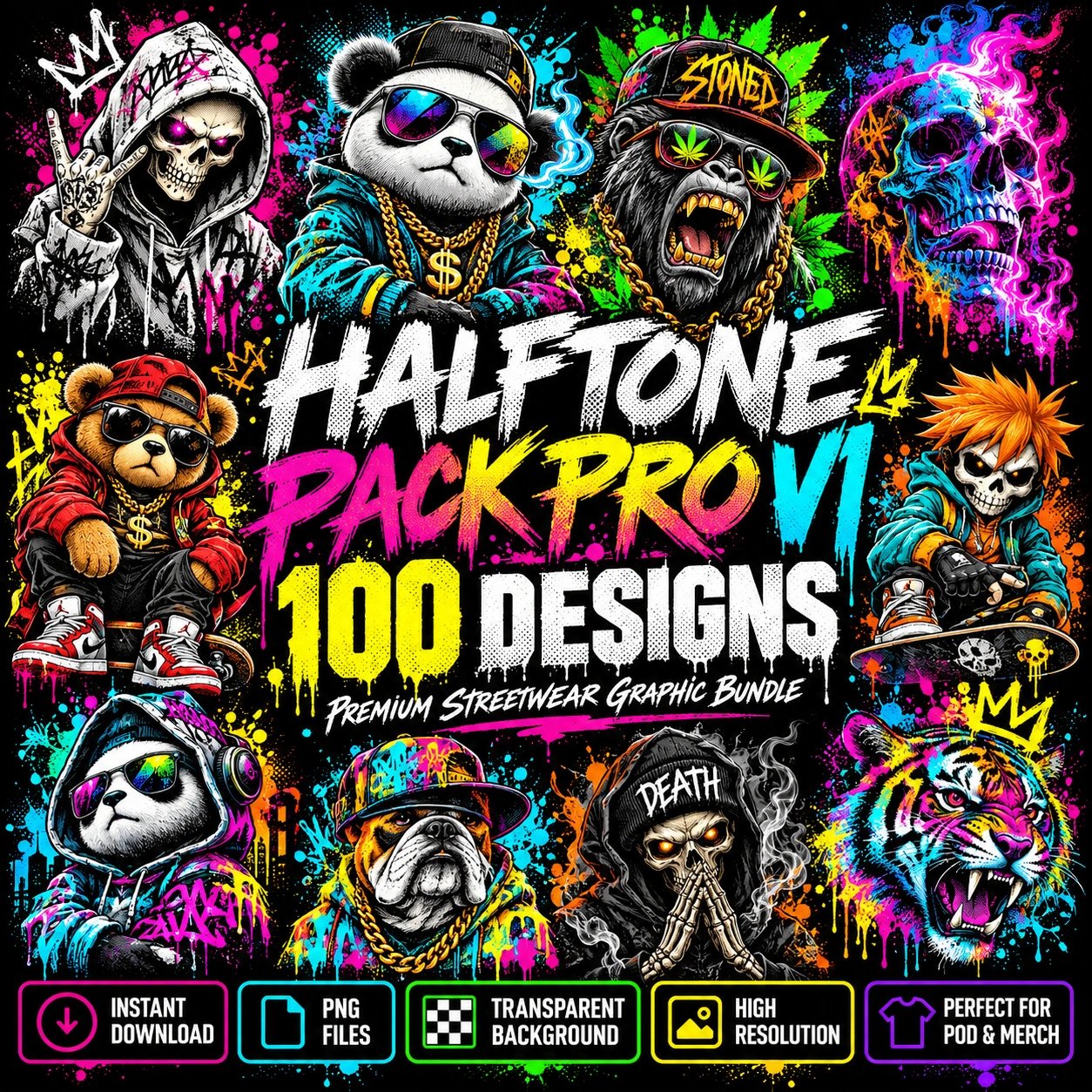 Halftone Pack Pro V1: 100 Urban Streetwear Designs product image (1)