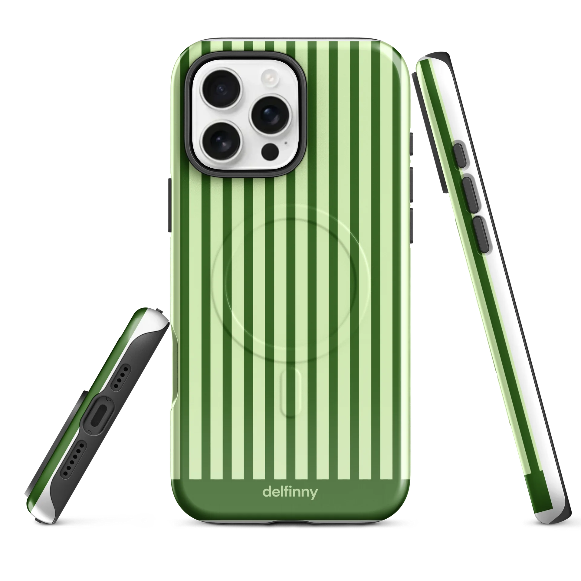 Striped Phone Case for iPhone 16 & 17 Series – MagSafe Compatible (Glossy Forest Green) product image (1)