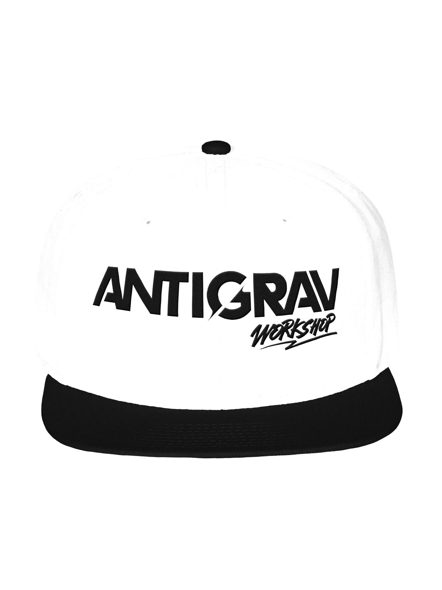 Antigrav Workshop Snapback Hat | Embroidered Wool Blend Flat Bill Cap | White/Black product image (2)