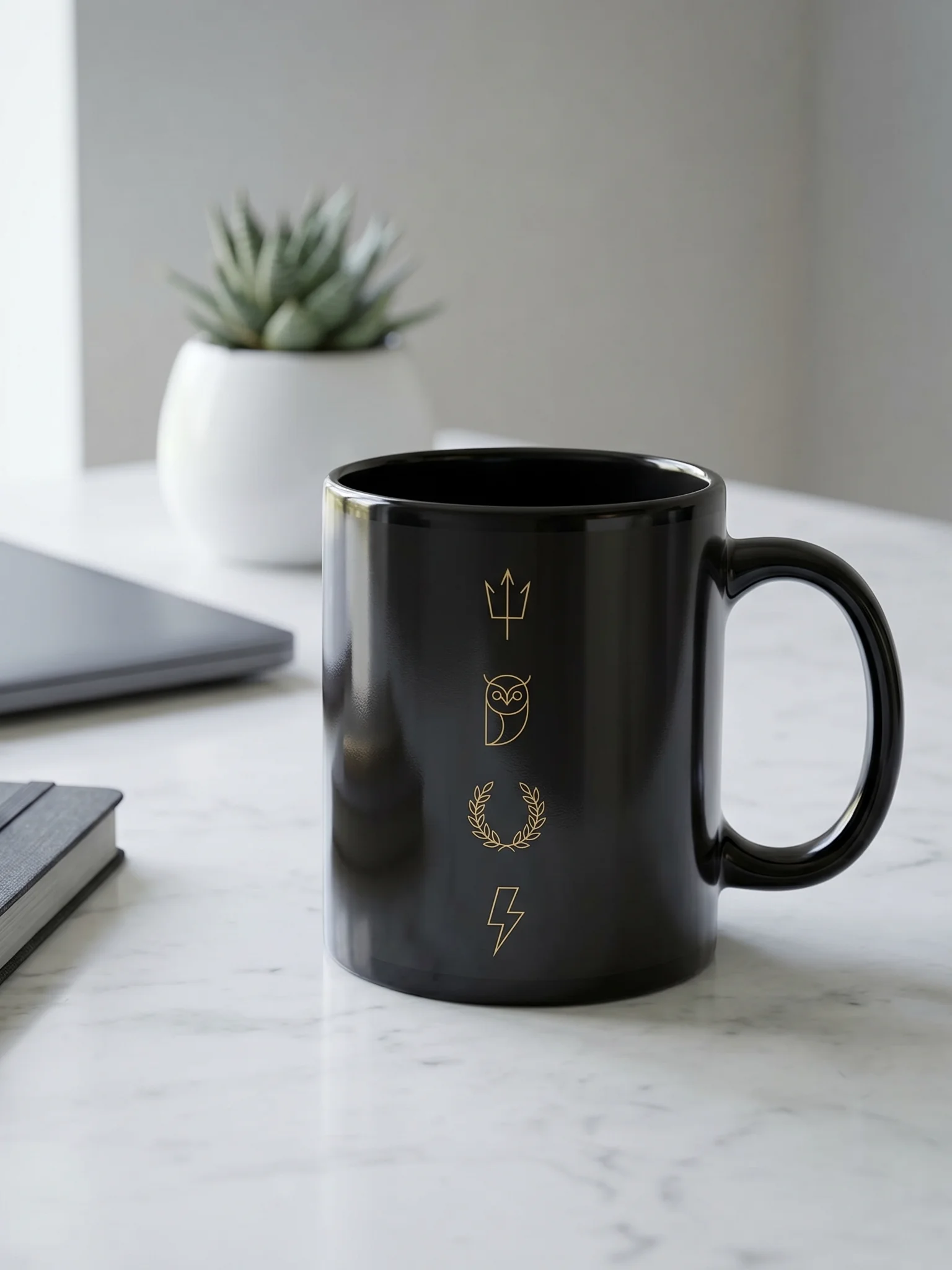 Greek Mythology Symbol Mug – Minimal Trident, Owl & Laurel Design in Black & Gold product image (4)