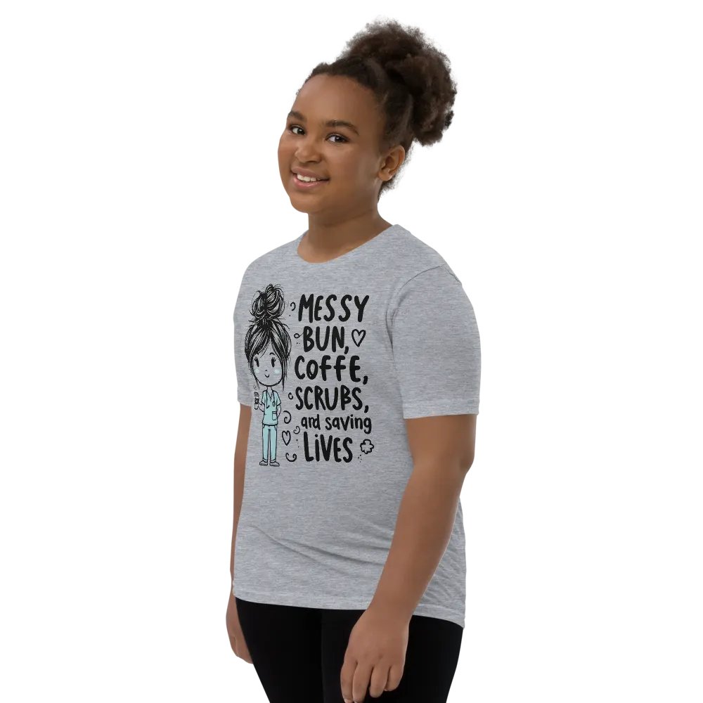 Messy Bun, Coffee, Scrubs, and Saving Lives Youth T-Shirt product image (70)
