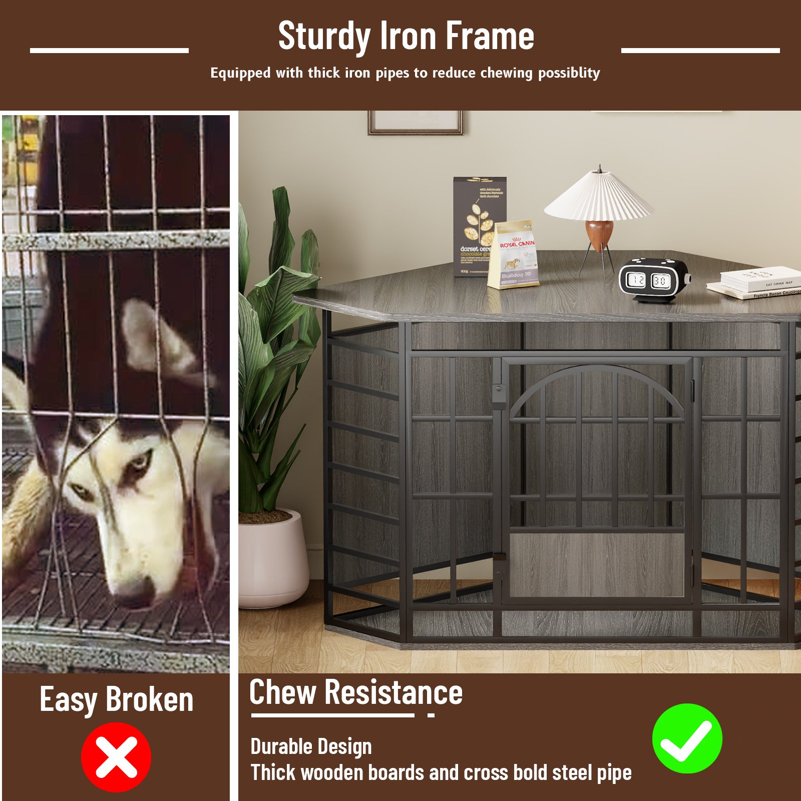 52 inch Corner Dog Crate Wooden Large Dog Kennel Indoor, Large Indoor Dog Crate Decorative Pet House for Medium Large Dogs Vintage Grey product image (3)