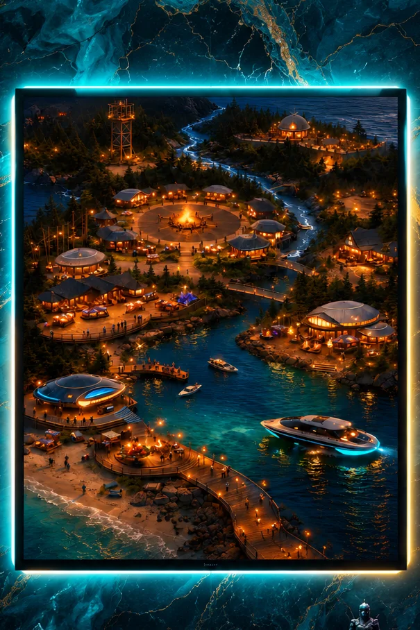 "Solara Bay Fantasy Village Poster - Neon Night Coastal Town Wall Art" product image (1)
