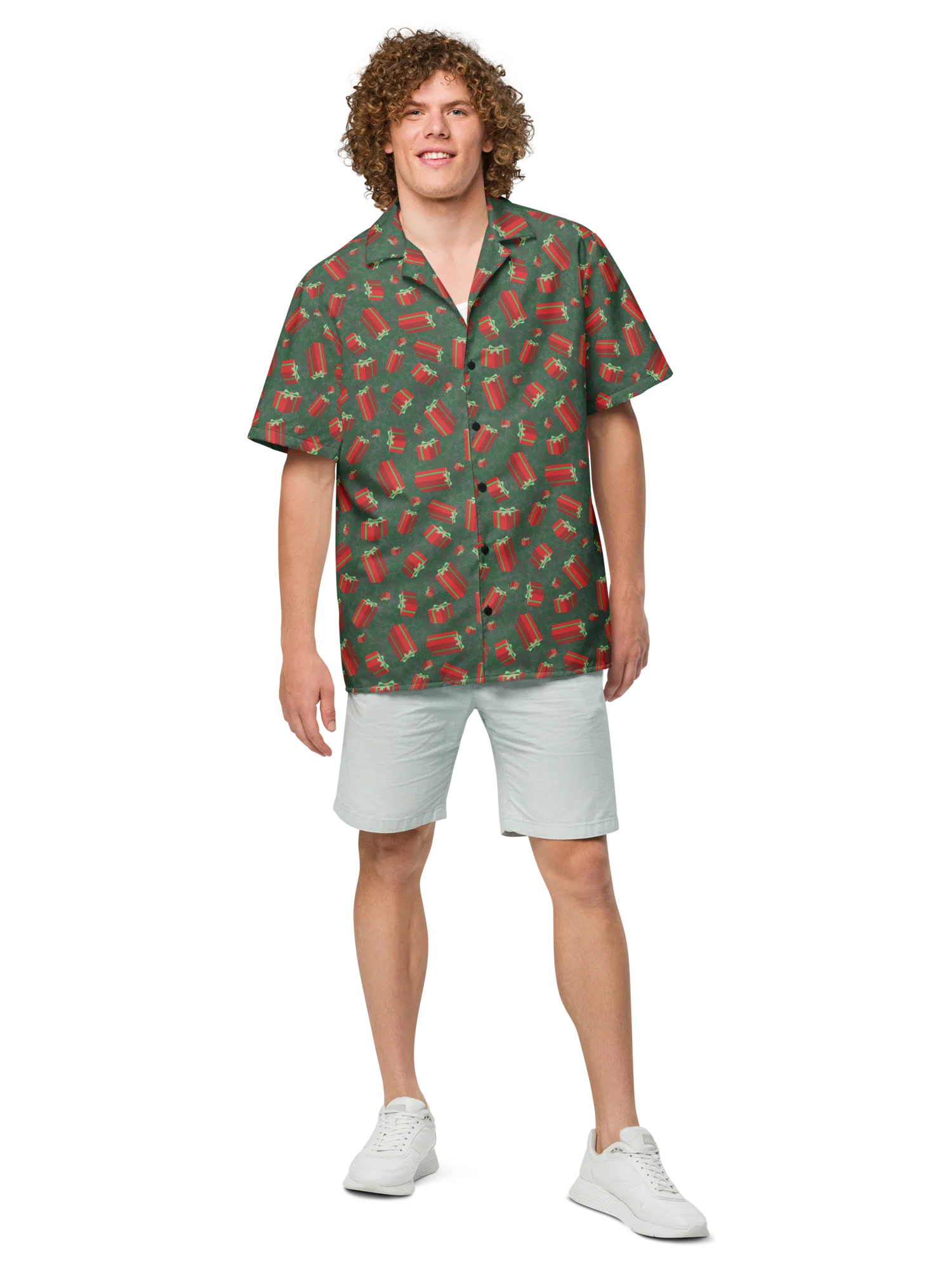 Floating Red Presents on Teal Green Oversized Button-Down Shirt product image (9)