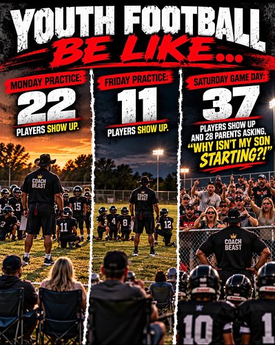 😂🏈 AIN’T THIS THE TRUTH ABOUT YOUTH FOOTBALL?! 😭

MONDAY: 22 players at practice.

FRIDAY: 11 players at practice.

SATURDAY:...