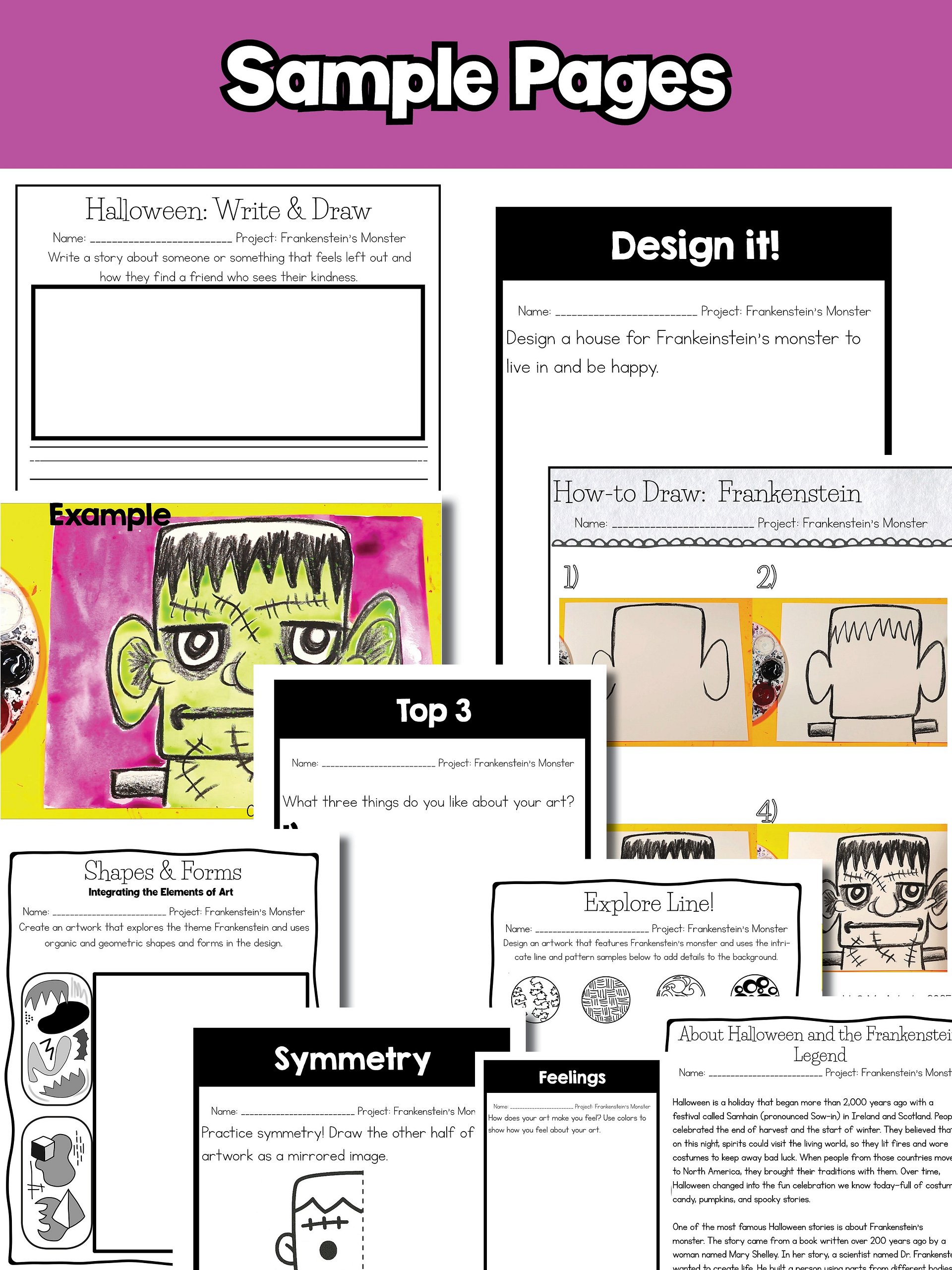 Halloween Frankenstein Art Lesson with Reading, Writing & Step-by-Step Tutorial (Grades 1–4) product image (10)