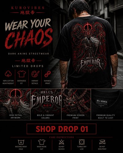 Wear your chaos.

Hell's Emperor is built for the ones who don't blend in — heavyweight cotton, an oversized fit, and a high-...