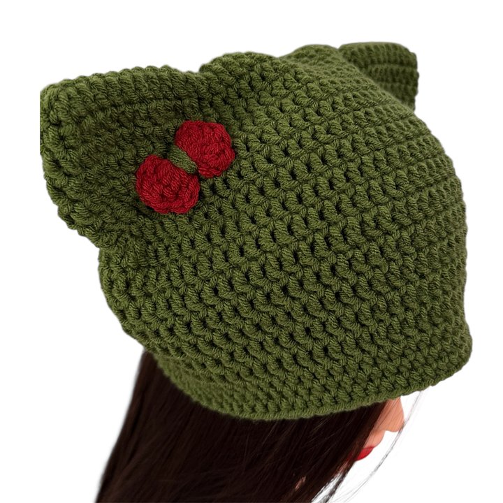 Winter Crochet Custom Cat Ear Beanie Dark Olive Green with Red bow - for kids 6-12 yo. product image (1)