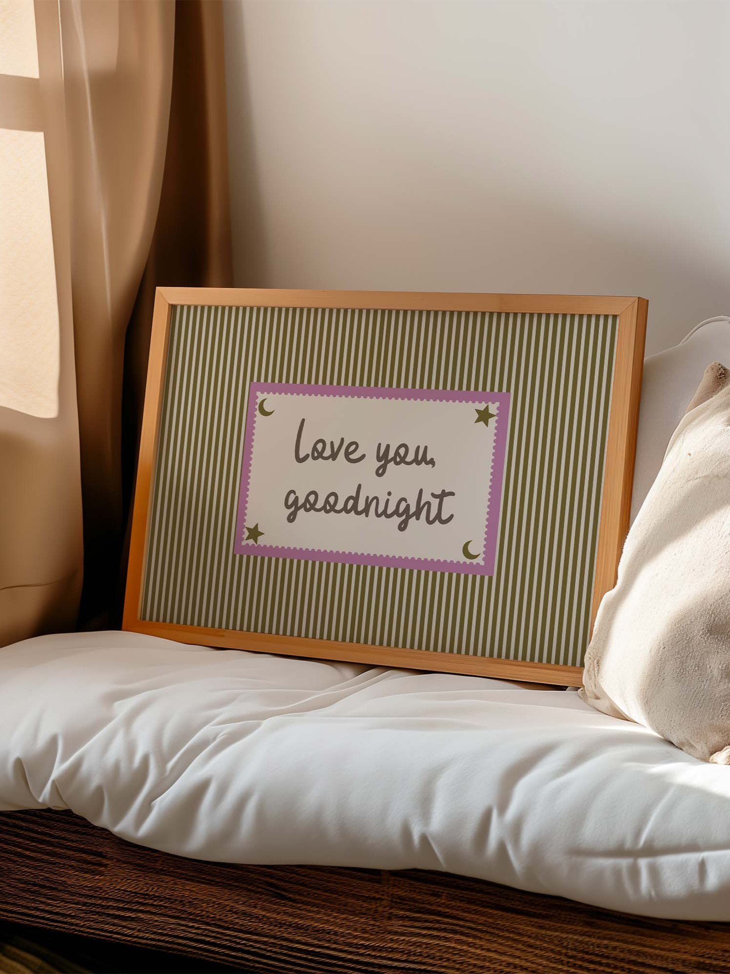 Love You Goodnight Print, Retro Striped Moon Star Wall Art, Handwritten Quote, Neutral Nursery Bedroom Decor, Horizontal Digital Download product image (6)