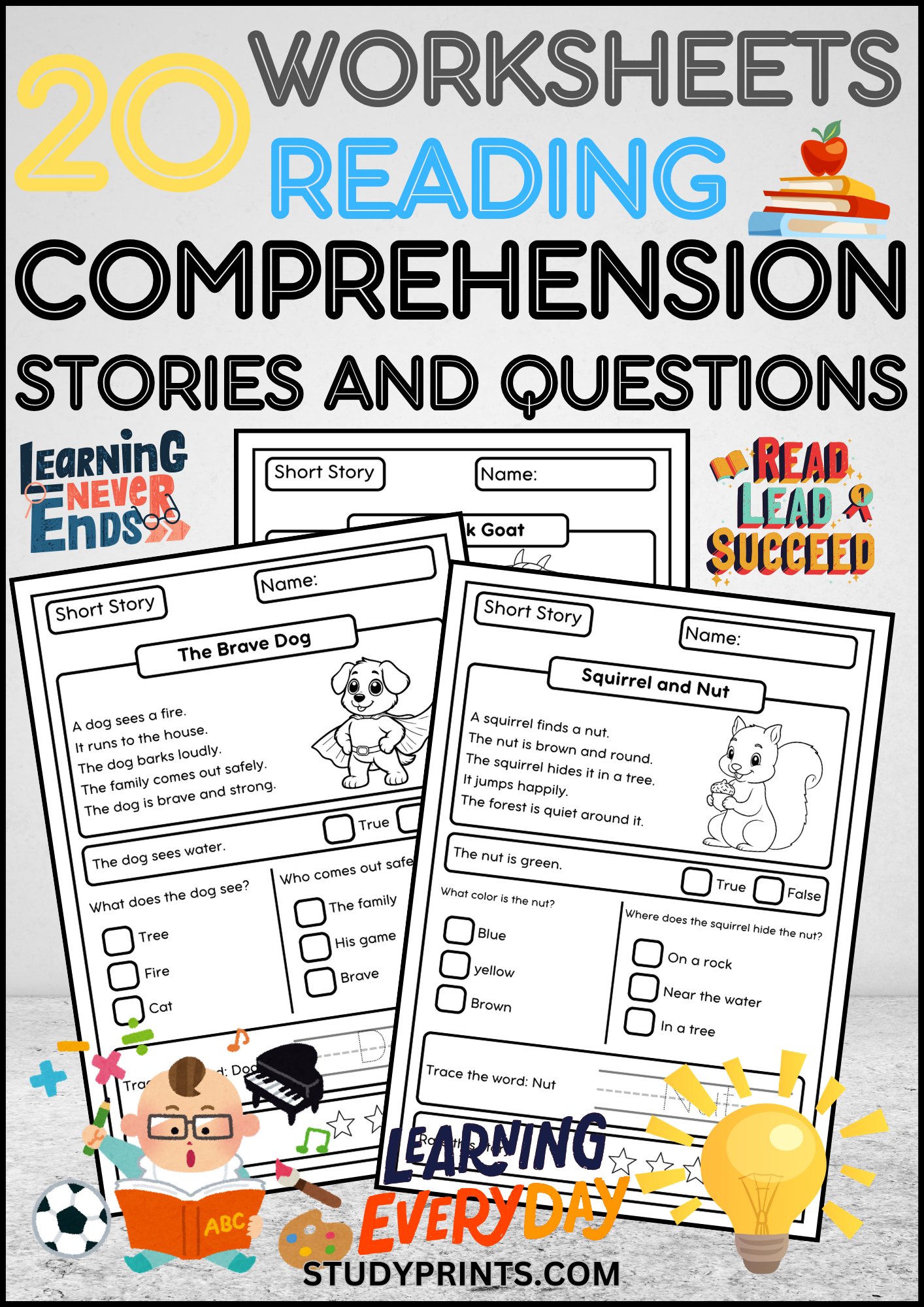 kindergarten reading comprehension worksheets | 20-Page Printable PDF product image (1)