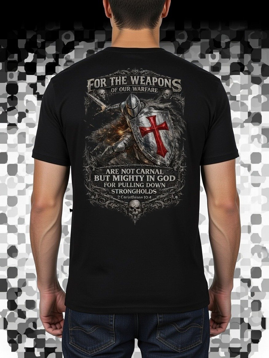 Weapons of Our Warfare 2 Corinthians 10:4 Christian Warrior T-Shirt - Knight Shield Cross Spiritual Battle Tee product image (3)