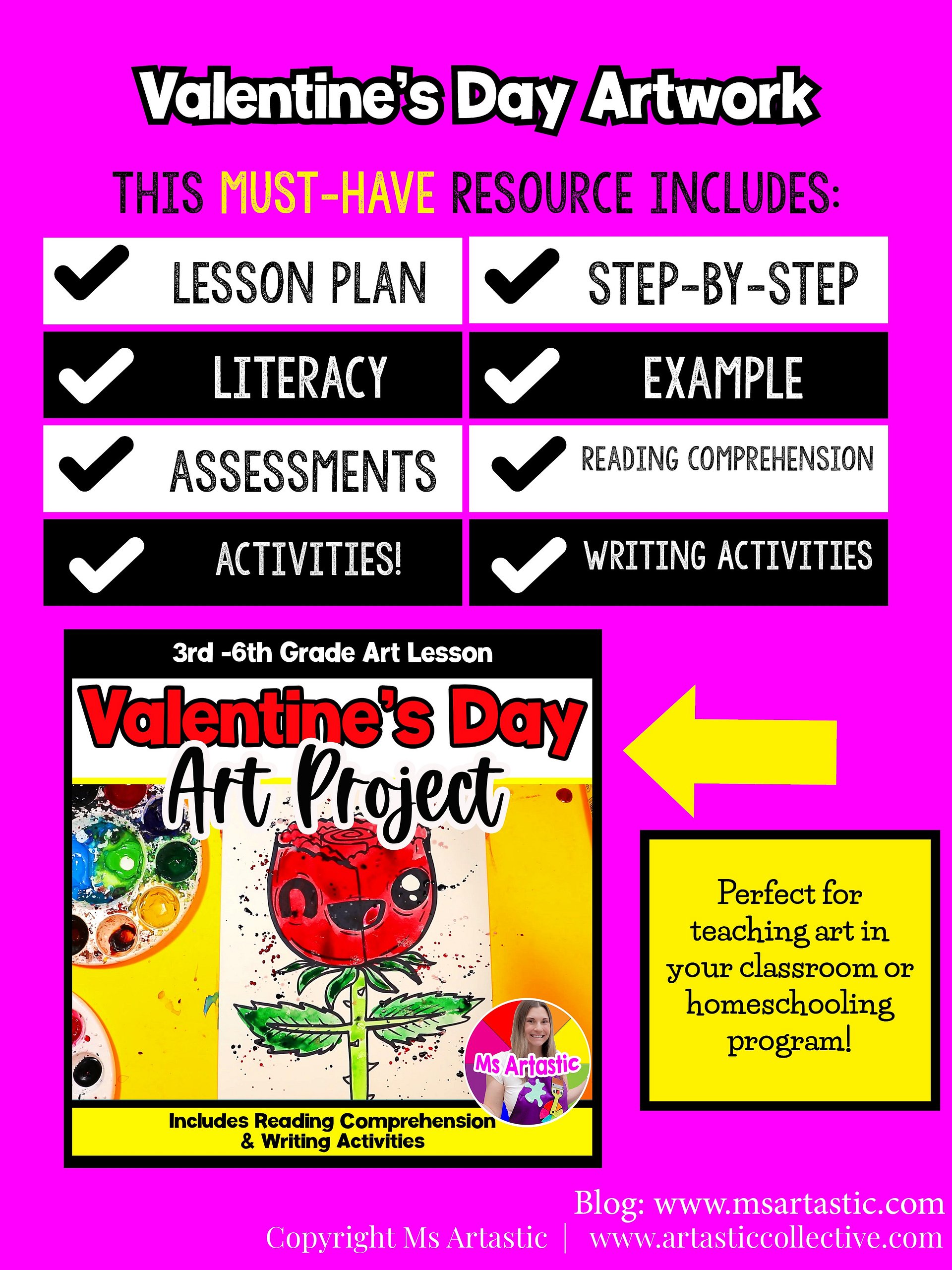 Valentines Day Rose Art Project Valentine Art Lesson with Reading Writing Rose Artwork for Elementary product image (5)