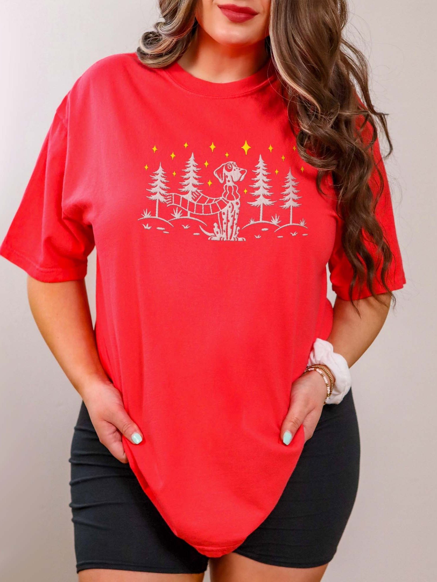 Dalmatian Winter/Christmas Line Art Design Embroidered T-Shirt product image (2)