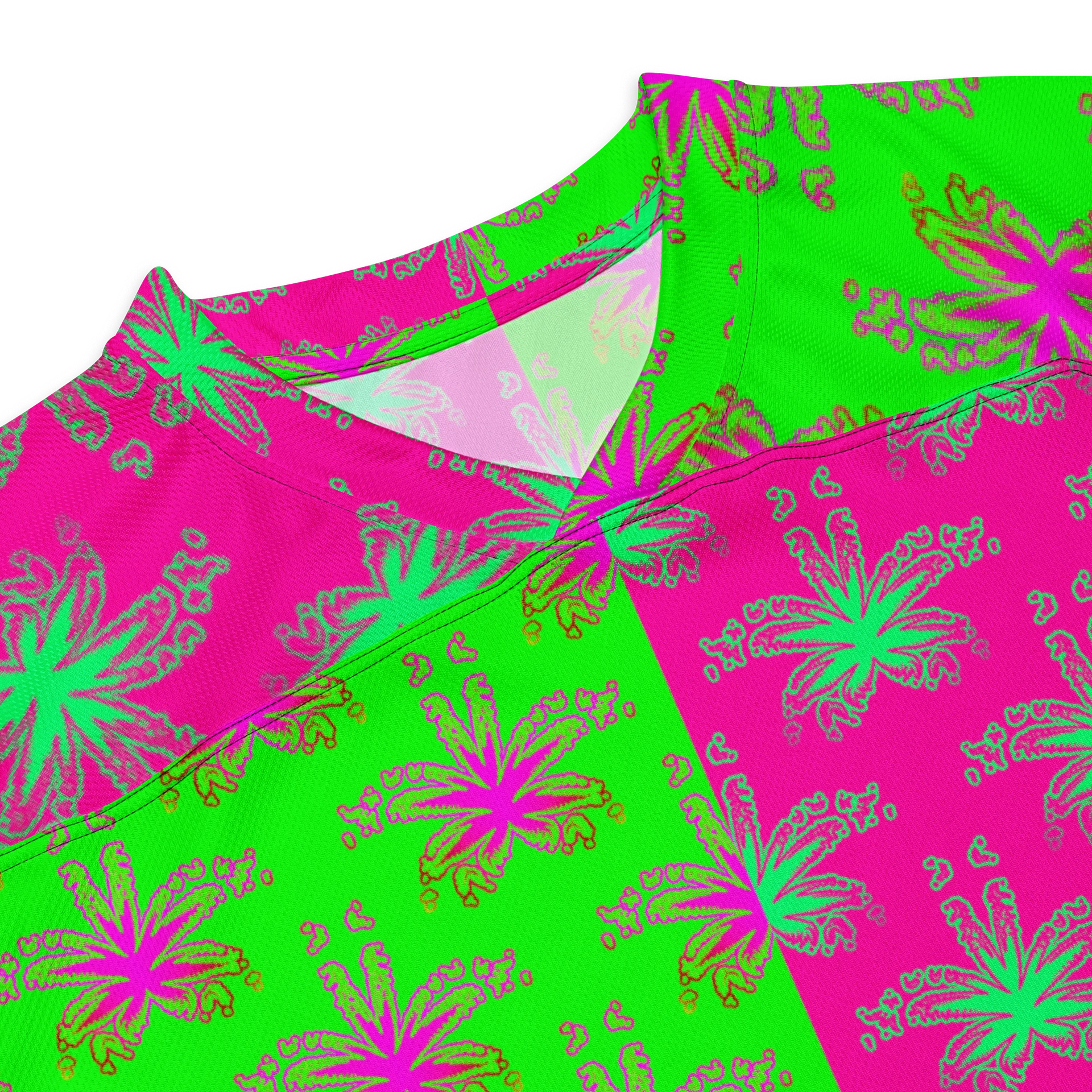 Pot Leaf Stoner Hockey Jersey, 420 Weed Rave Wear, Hot Pink Neon Green Ganja Cannabis Clothing, Pothead Party Festival Fashion product image (3)