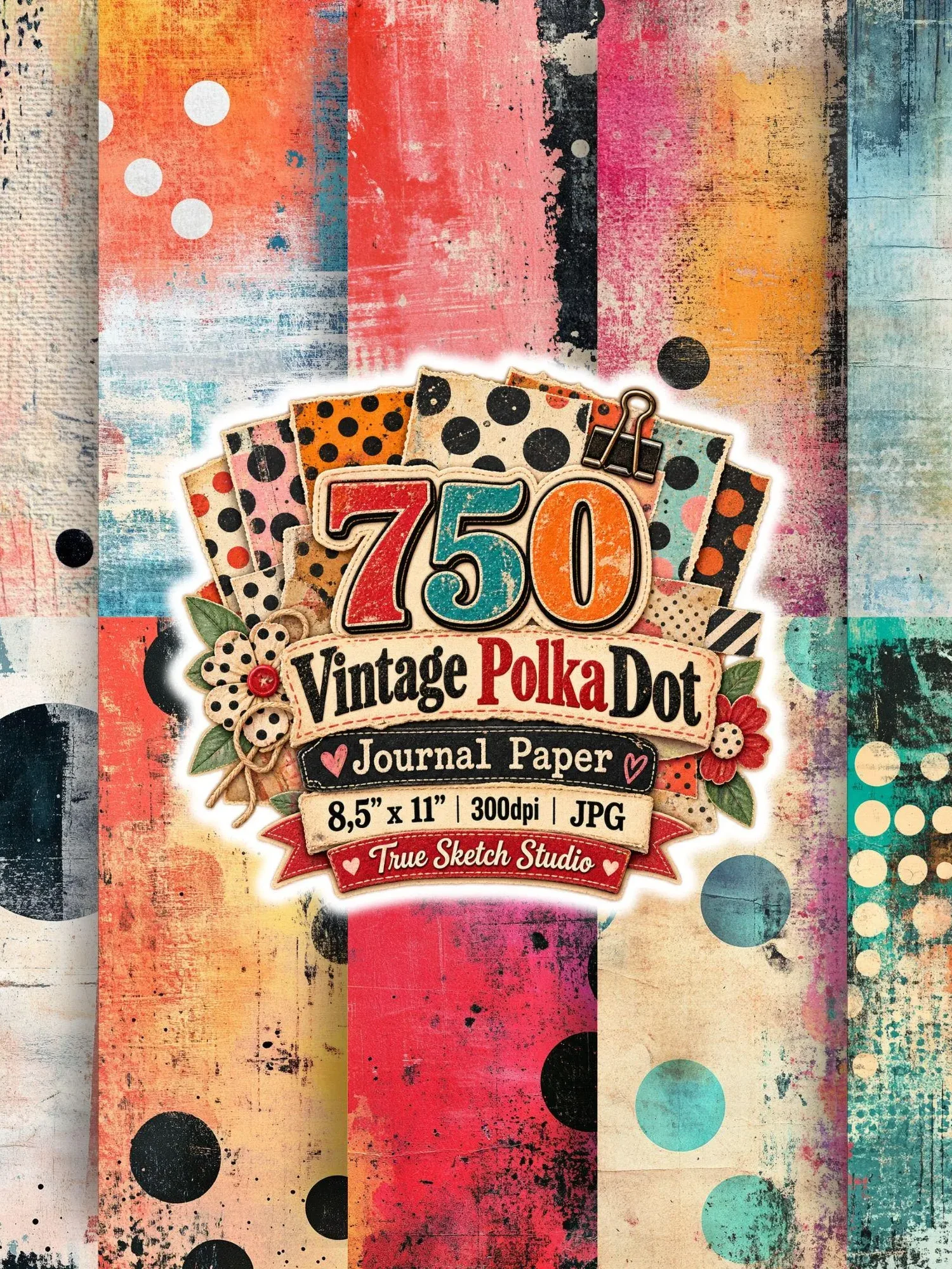 750 Vintage Polka Dot Digital Paper Bundle, Grunge Junk Journal Backgrounds, Retro Scrapbook Pages, US Letter 300DPI JPG, Printable Download product image (8)
