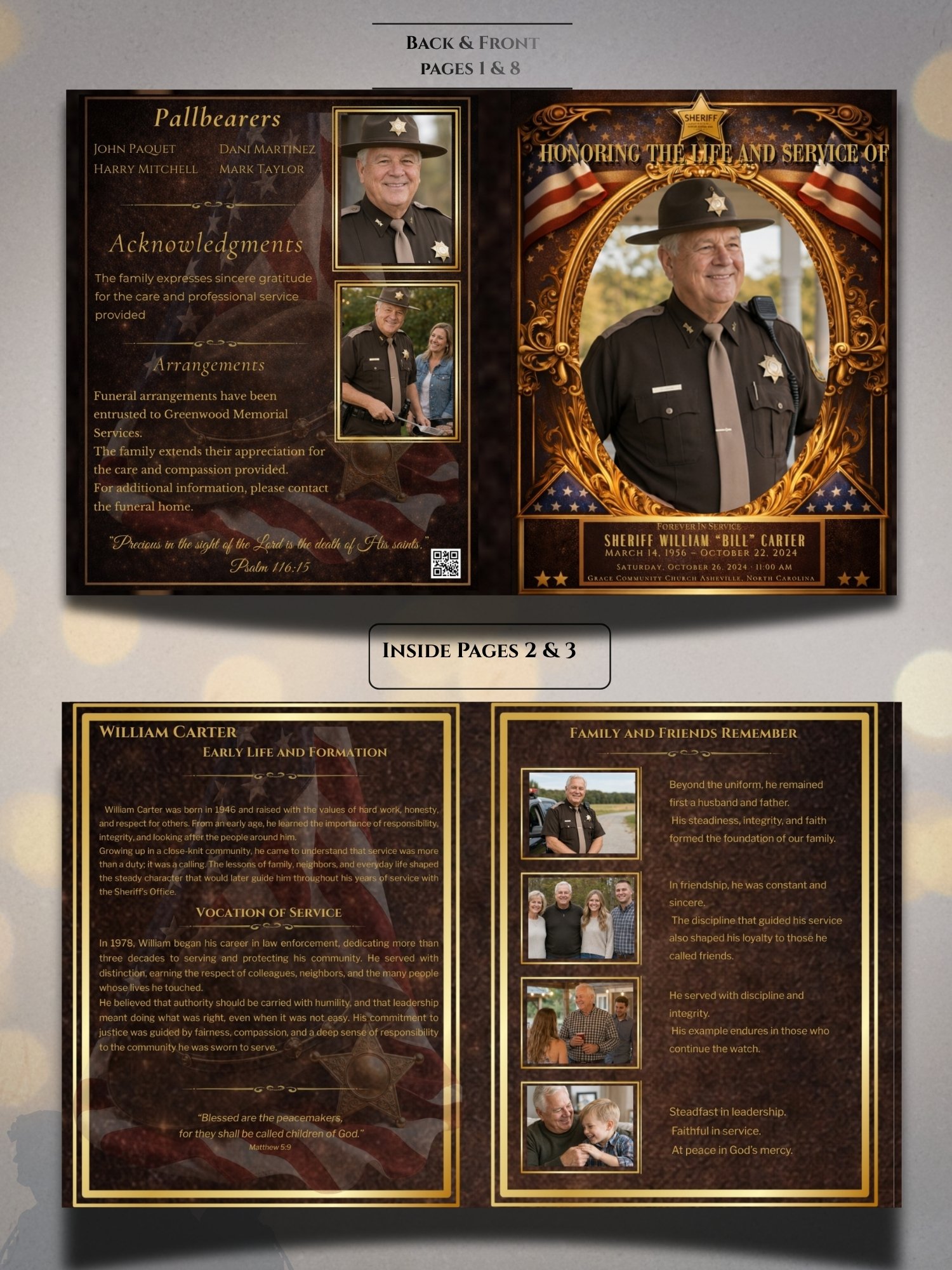 Sheriff Funeral Program Template, Editable Canva Memorial Booklet, 8-Page Celebration of Life with American Flag product image (3)